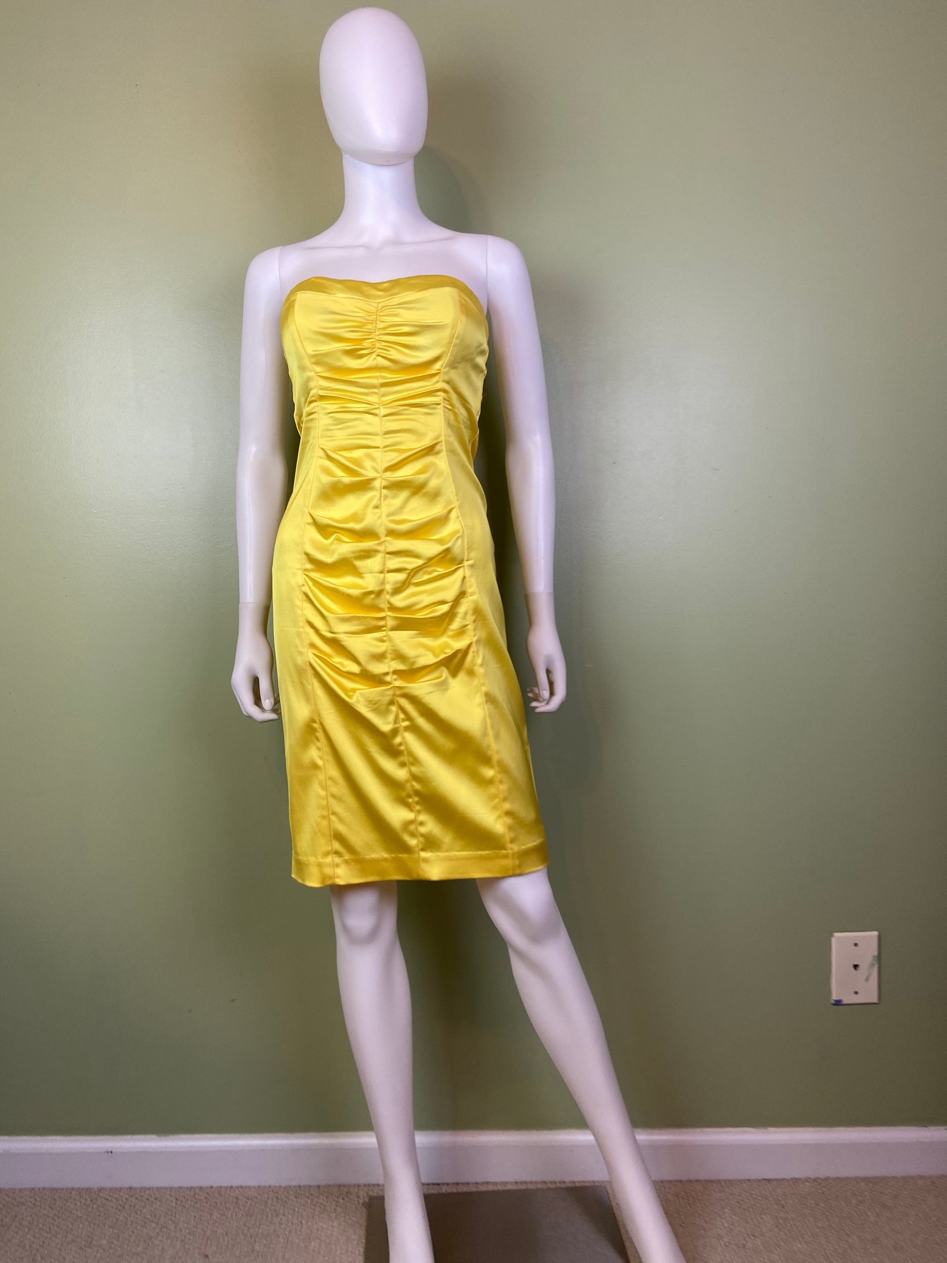Cache Yellow Stretch Satin Ruche Corset Dress Abby Essie