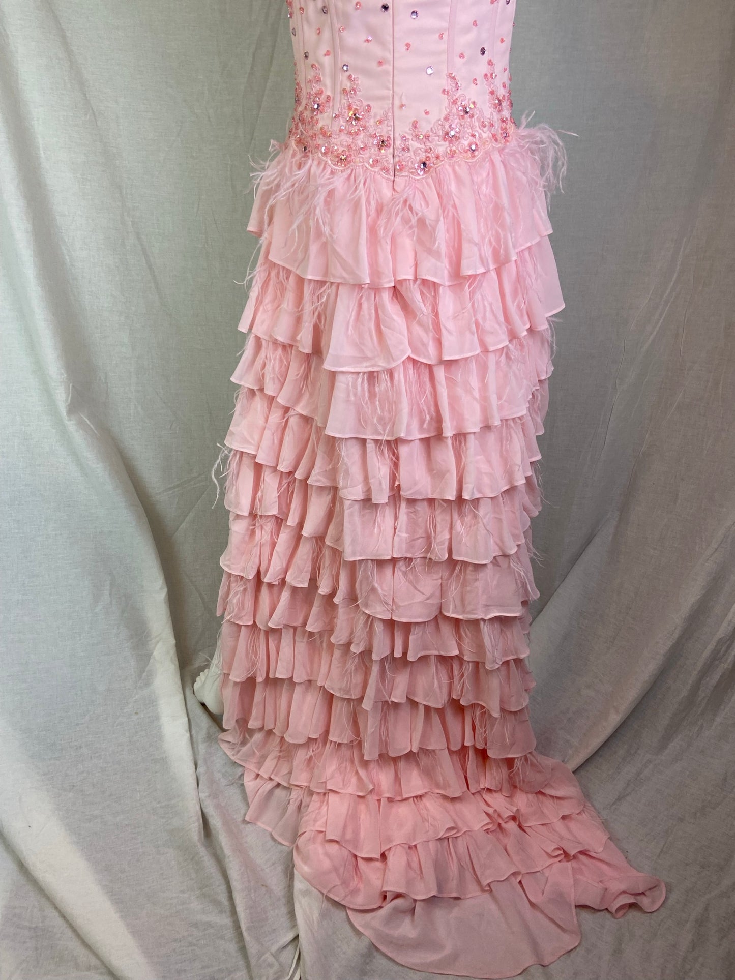 Pink Bustier Rhinestone Feather Boa Ruffle Gown