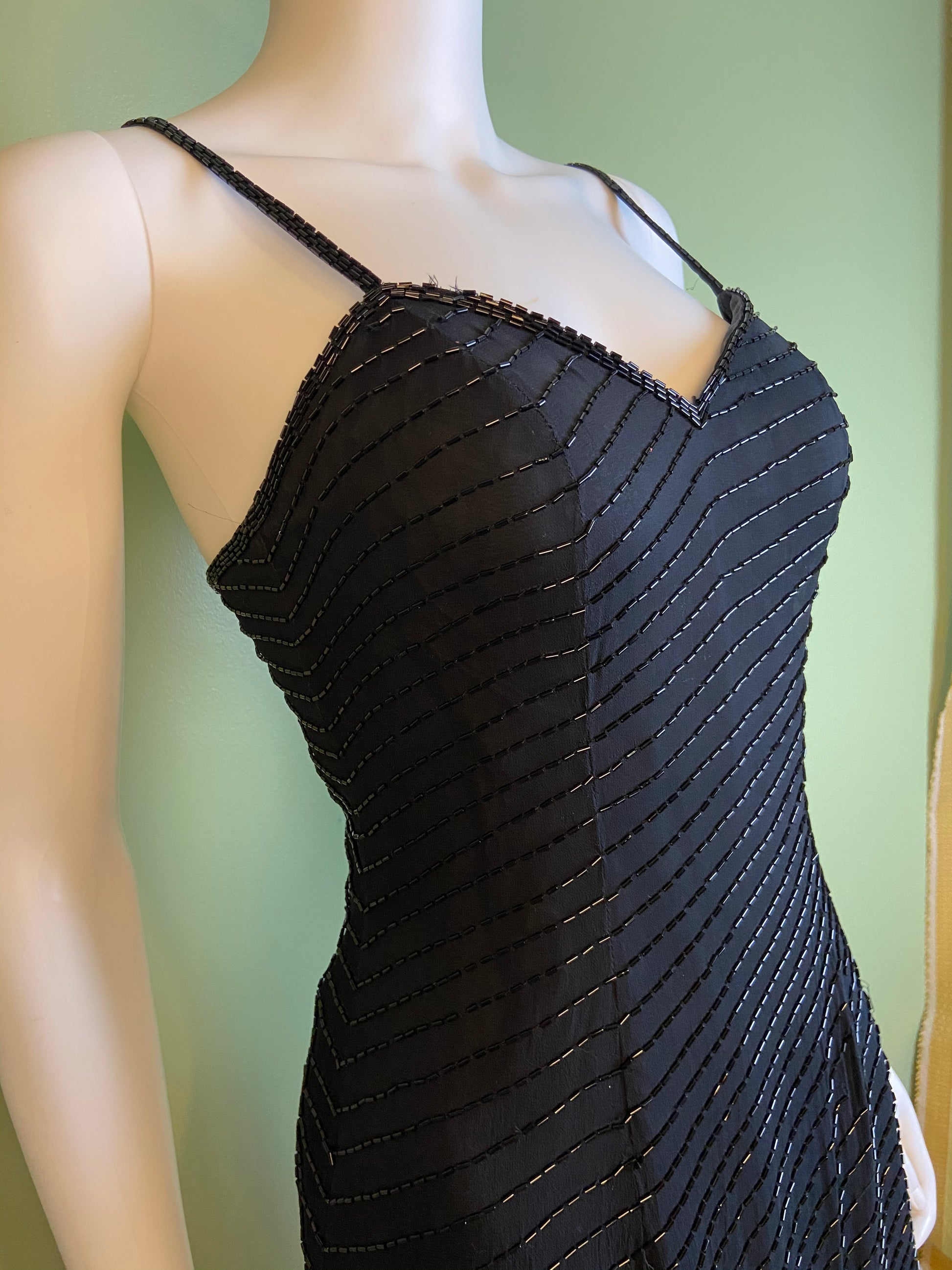 Vintage Black Beaded Sequin Silk Bustier Cocktail Dress Abby Essie