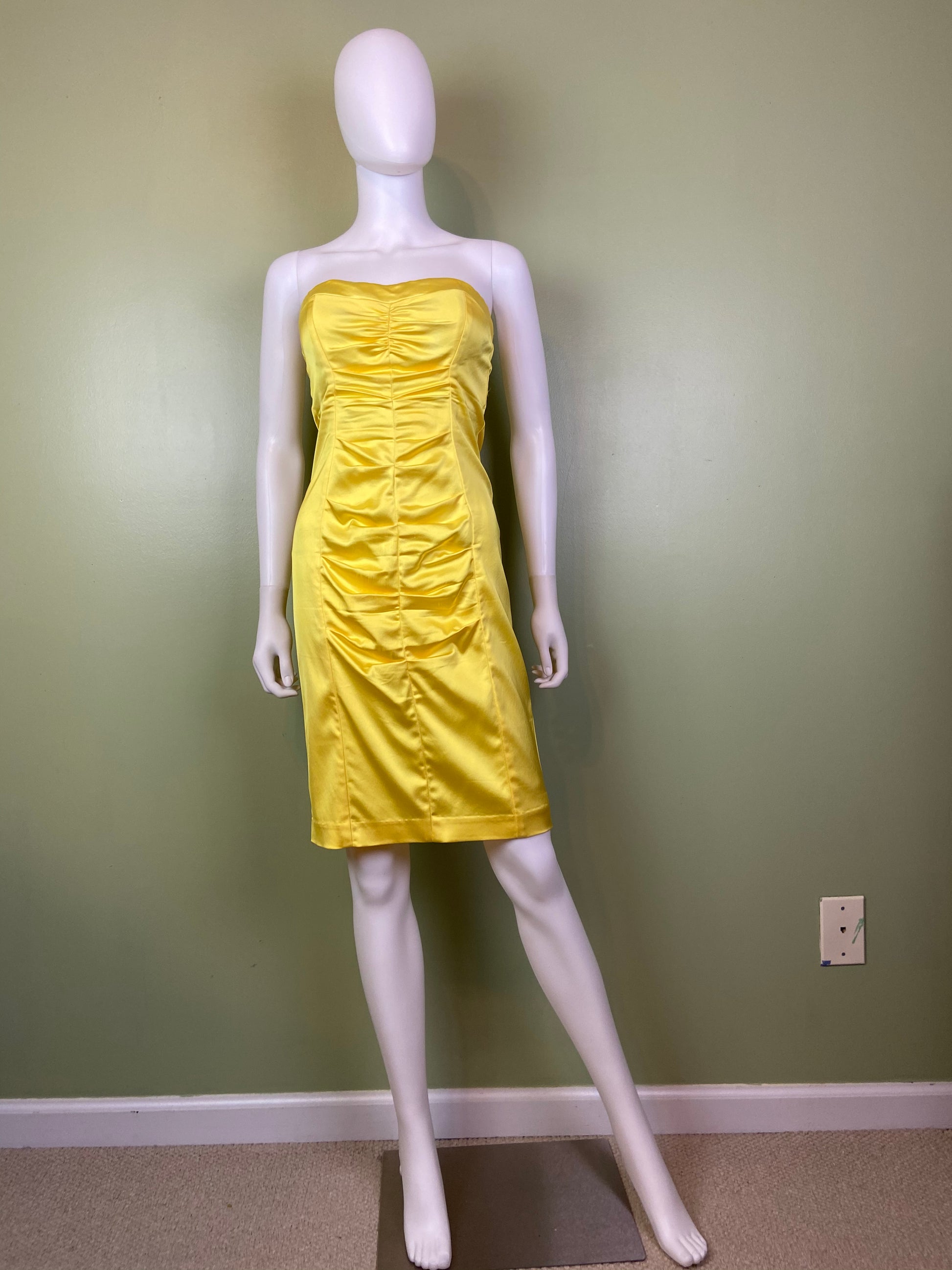 Cache Yellow Stretch Satin Ruche Corset Dress Abby Essie