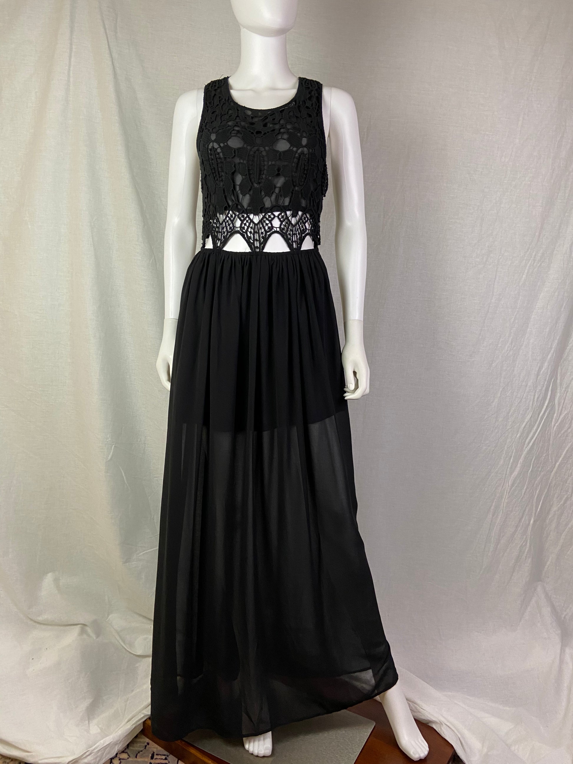 Deja Vu Black Crochet Sheer Maxi Dress ABBY ESSIE STUDIOS