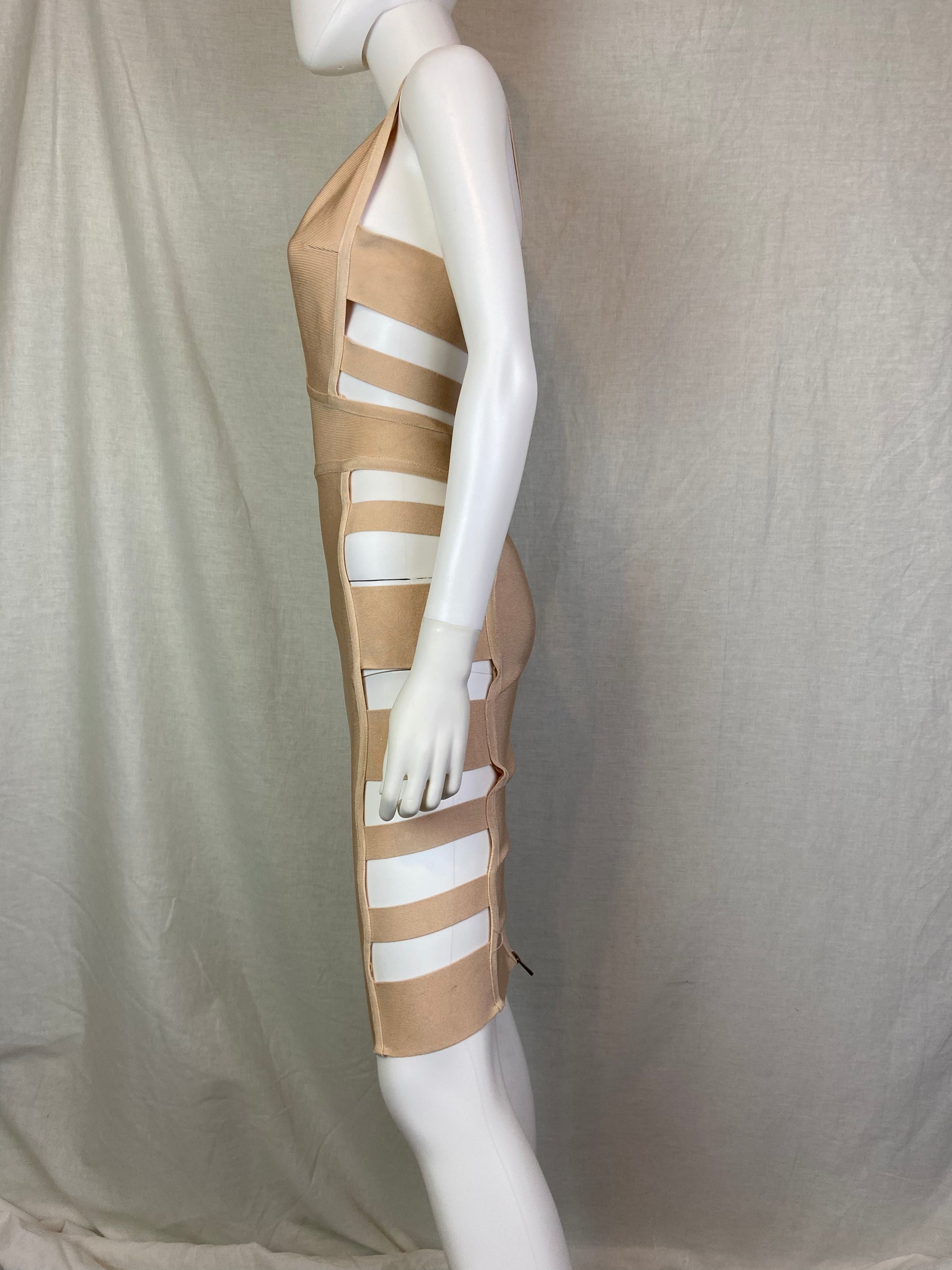Herve Leger style Beige Plunge Cut Out Bandage Mini Dress ABBY ESSIE STUDIOS