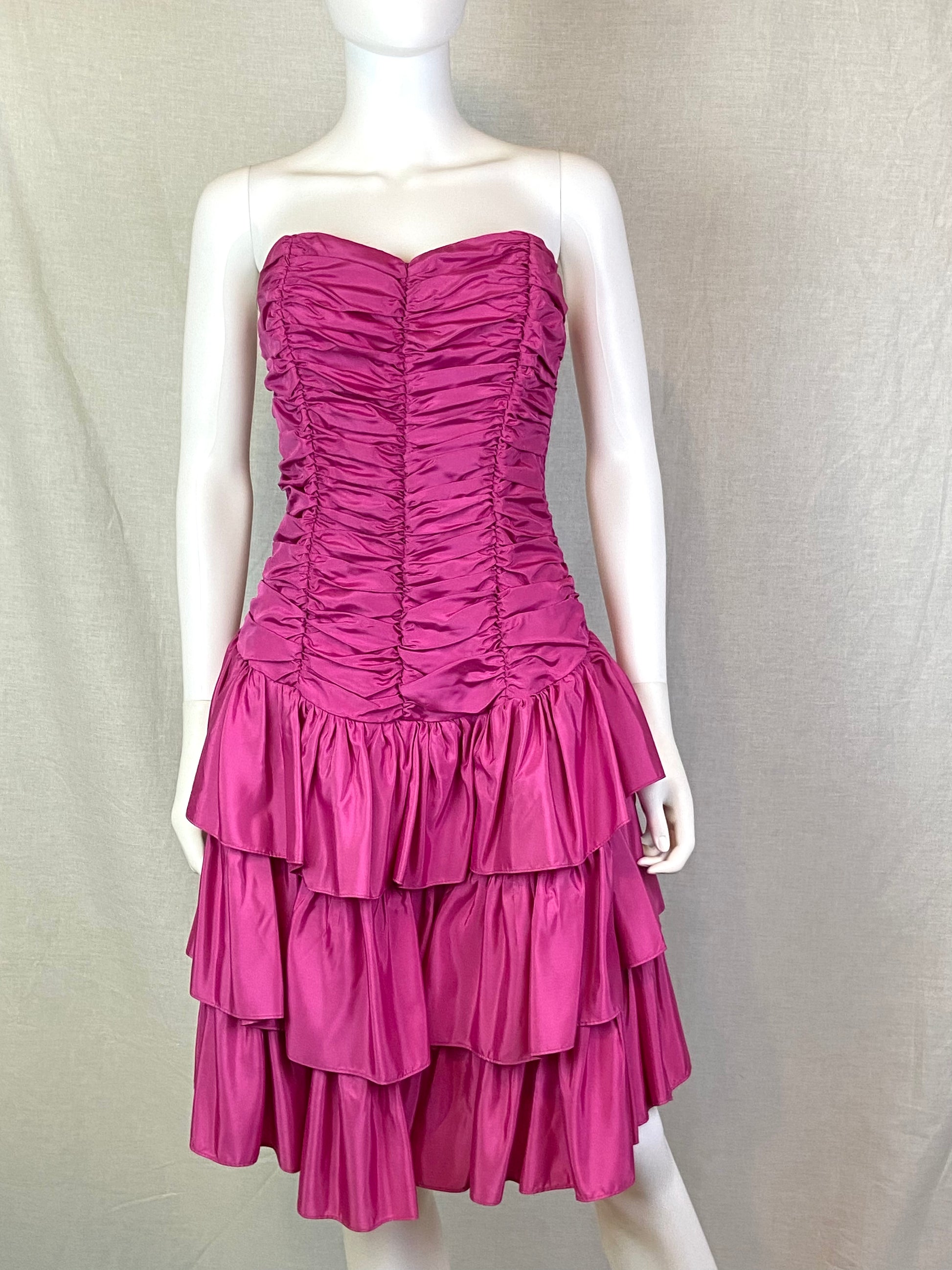 Vintage Positively ELLYN Hot Pink Satin Ruche Ruffle Dress ABBY ESSIE STUDIOS