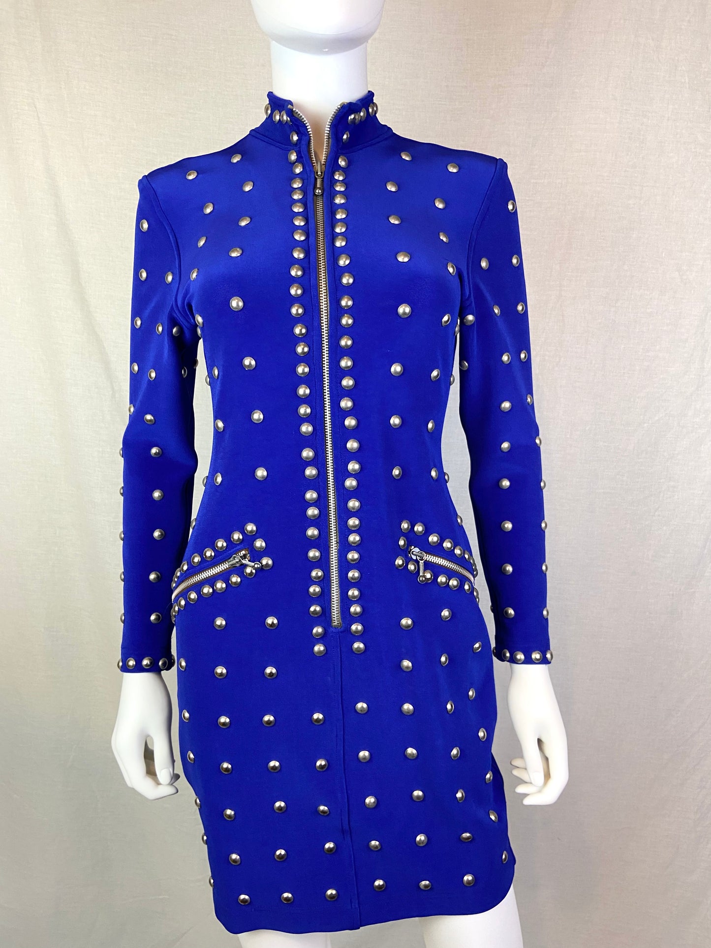 VINTAGE TADASHI ROYAL BLUE SILVER METAL STUDDED BODYCON DRESS ABBY ESSIE STUDIOS