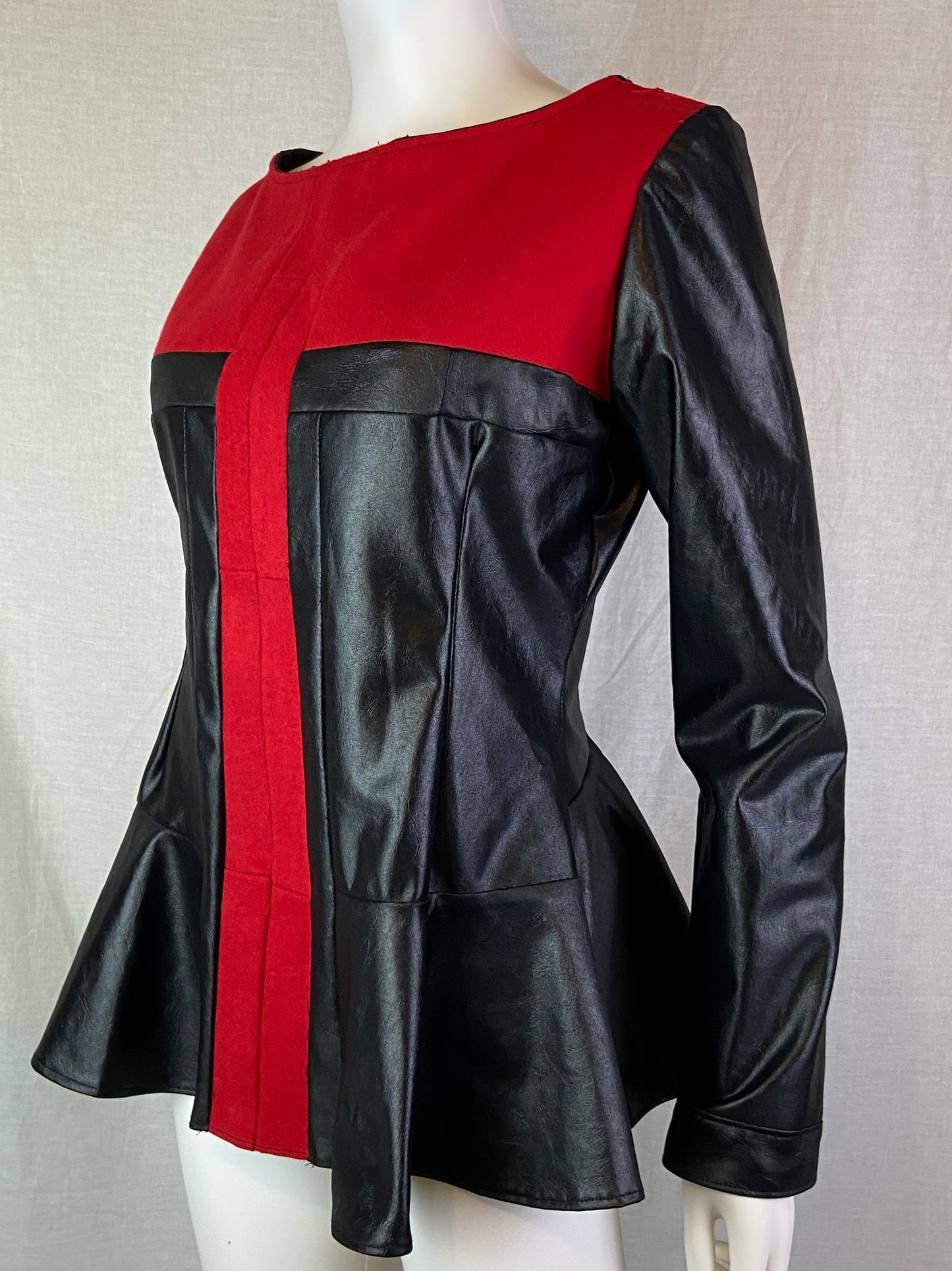 Custom Red Wool Black Faux Leather Top
