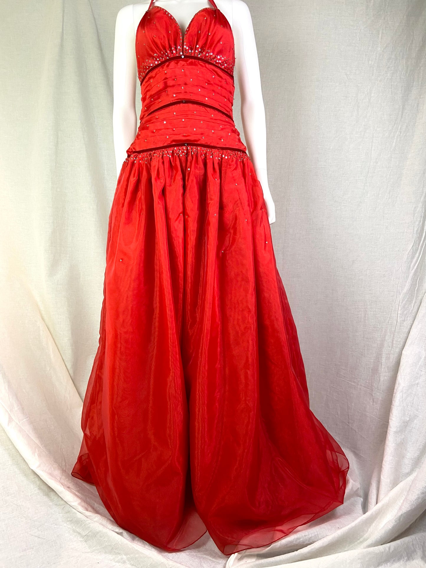 Beutifly Red Satin Rhinestone Ruche Gown ABBY ESSIE STUDIOS