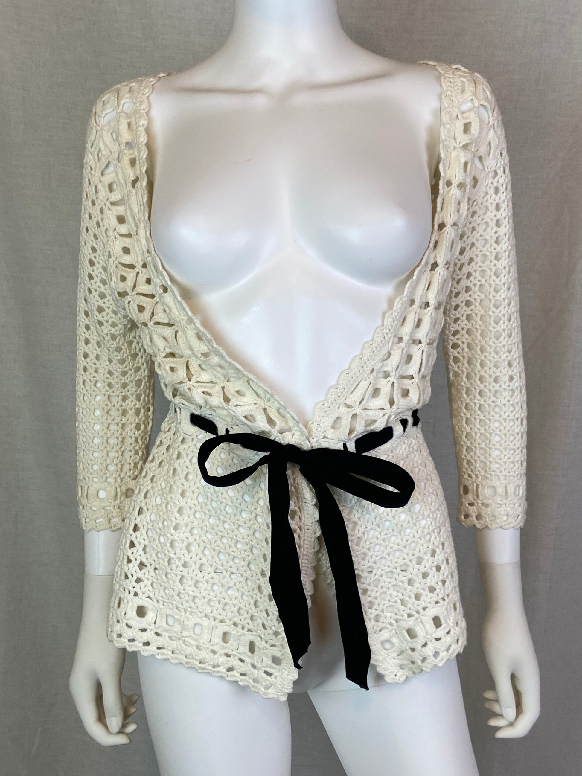 Sharon Young Cream White Knit Lace Sweater Coverup Small ABBY ESSIE STUDIOS