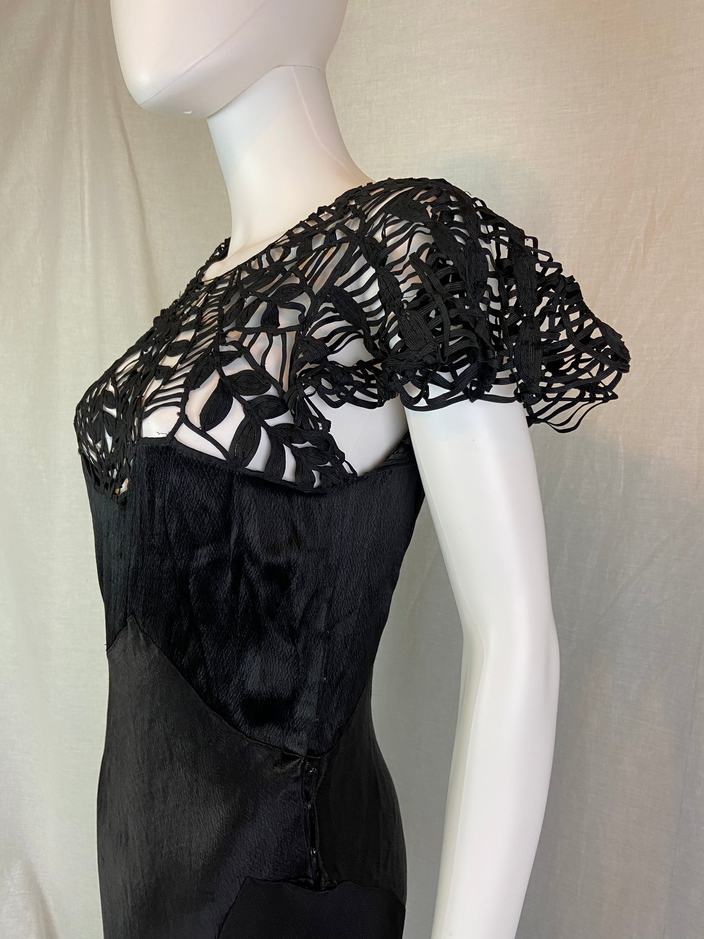 Antique Black Woven Lace Silk Bias Gown