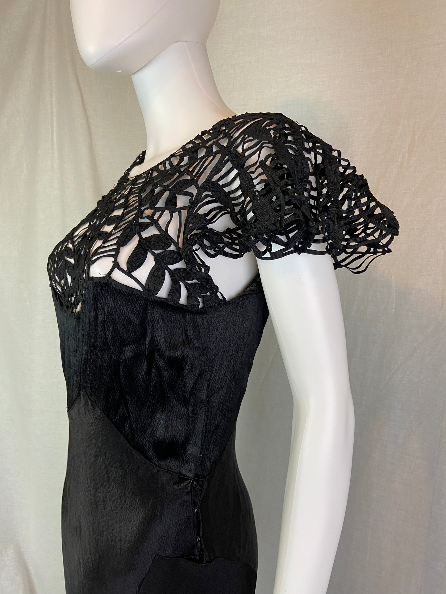 Antique Black Woven Lace Silk Bias Gown ABBY ESSIE STUDIOS