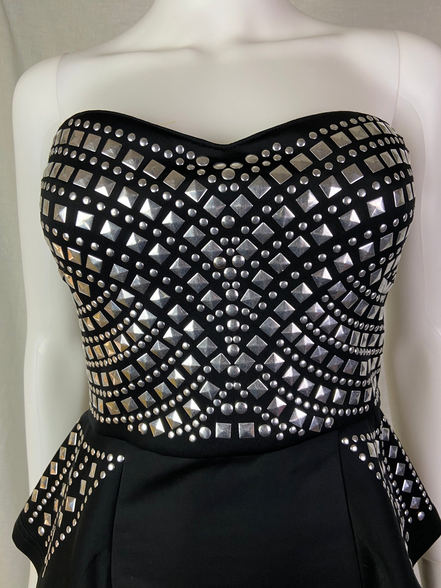 BEBE Black Silver Studded Peplum Cocktail Mjni Dress ABBY ESSIE STUDIOS