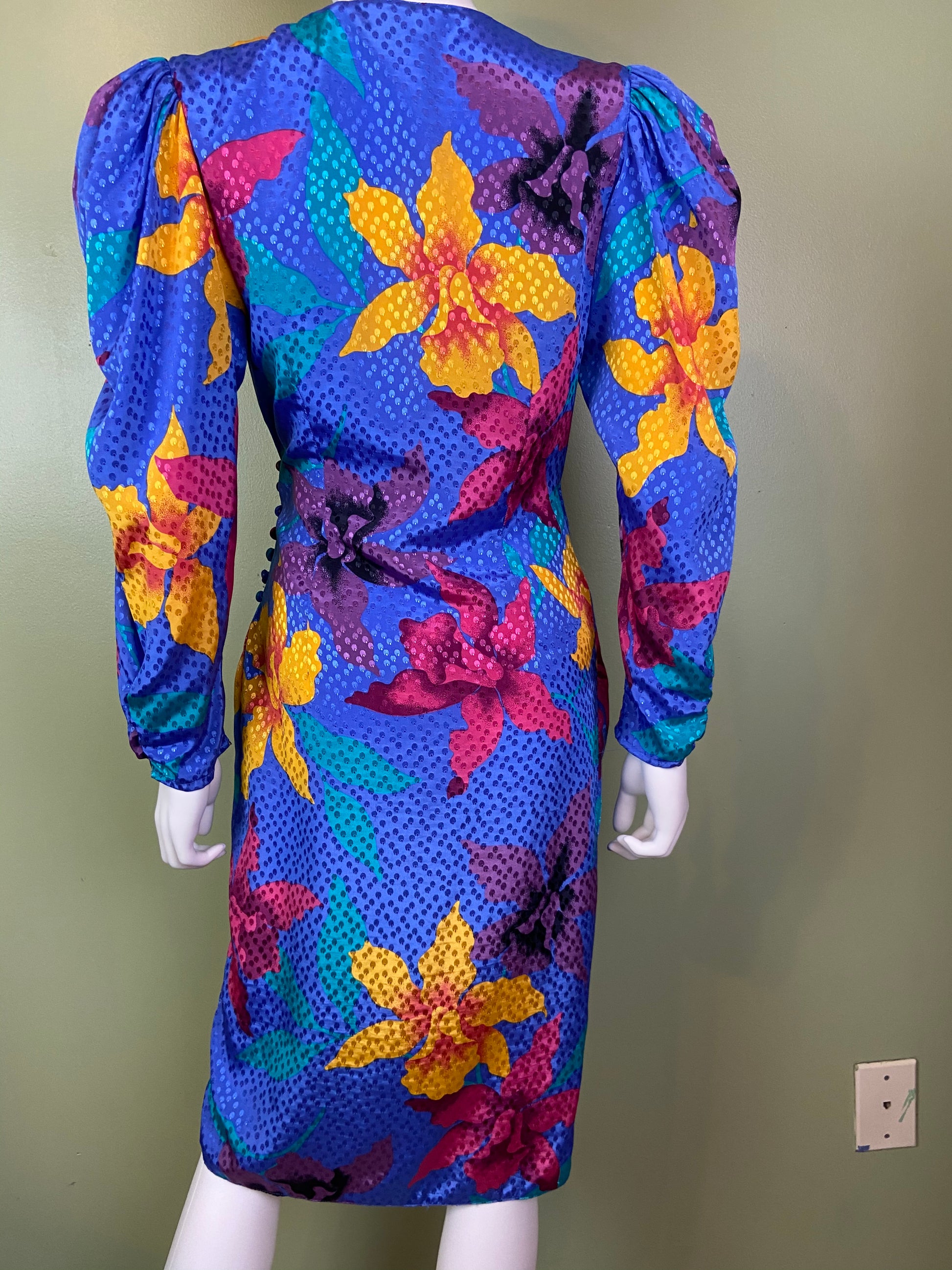 Vintage Silky Blue Floral Wrap Dress ABBY ESSIE Designer & Vintage