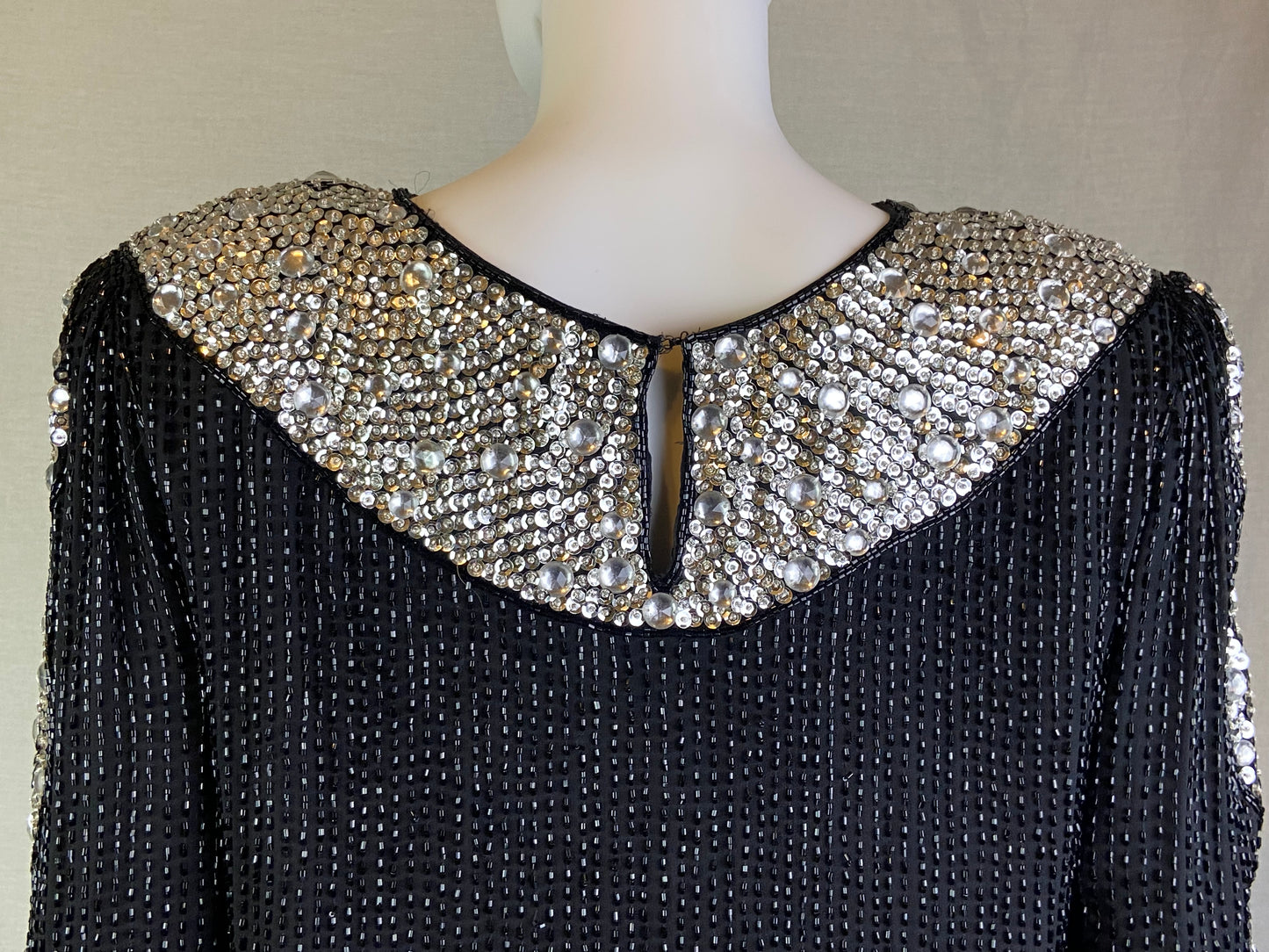 Oleg Cassini Black Silver Sequin Beaded Rhinestone Silk Top