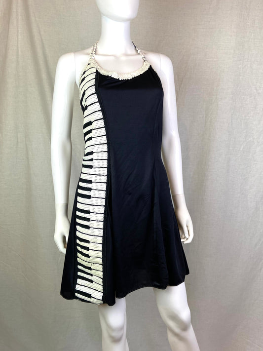 Vintage Sequin Piano Black White Halter Cocktail Costume Dress ABBY ESSIE STUDIOS