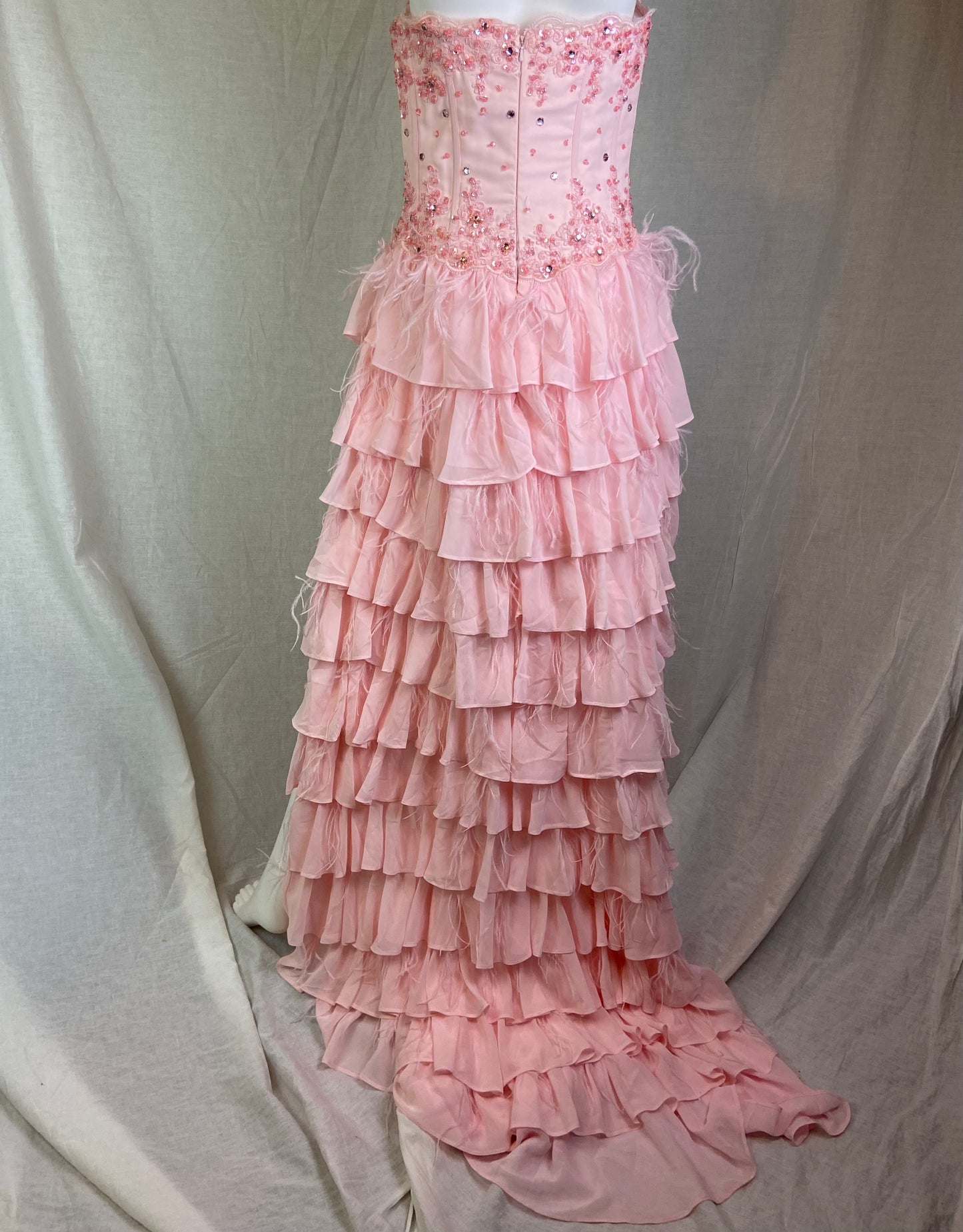 Pink Bustier Rhinestone Feather Boa Ruffle Gown