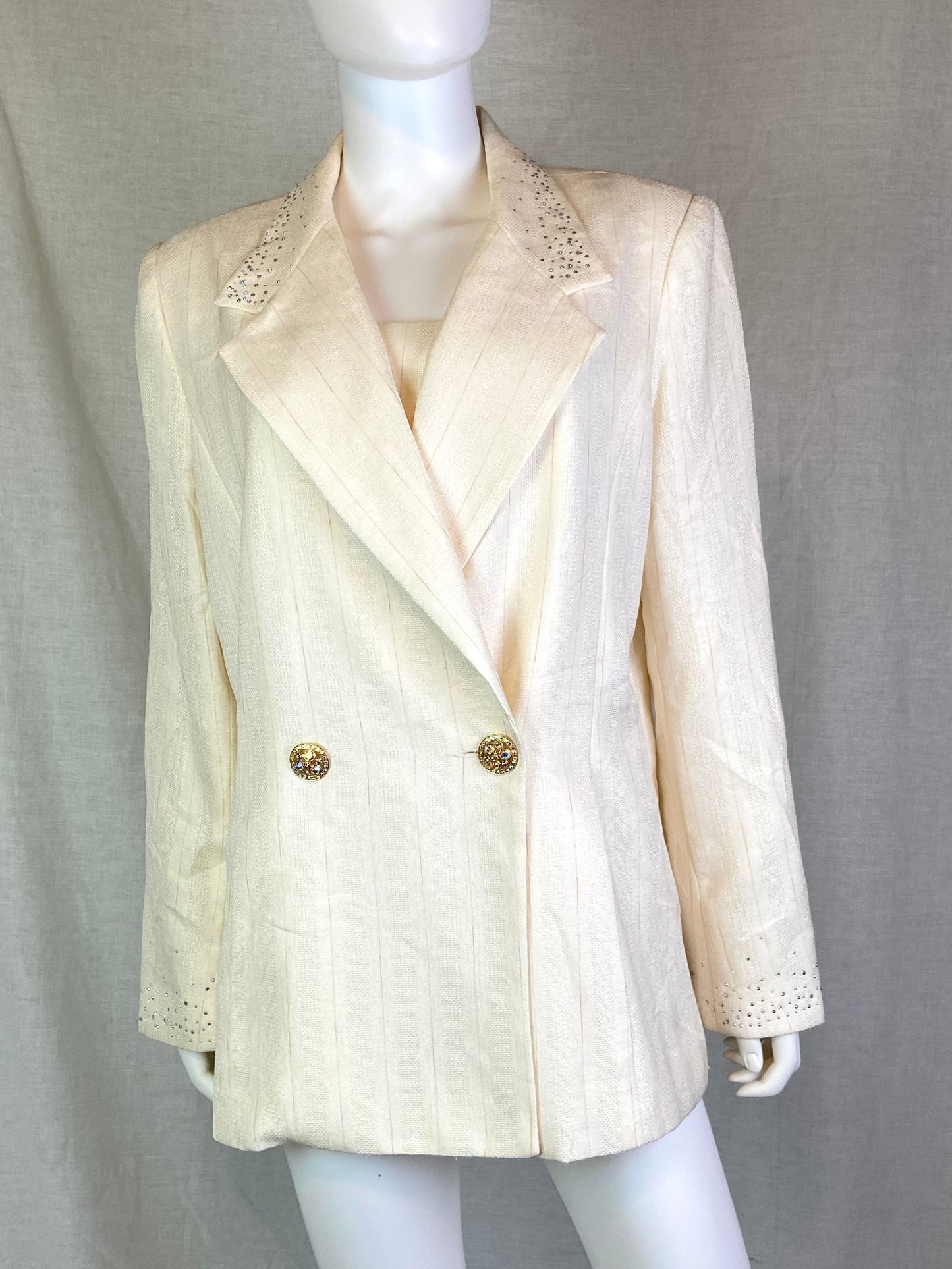 Lily & Taylor Cream White Striped Rhinestone Blazer Jacket