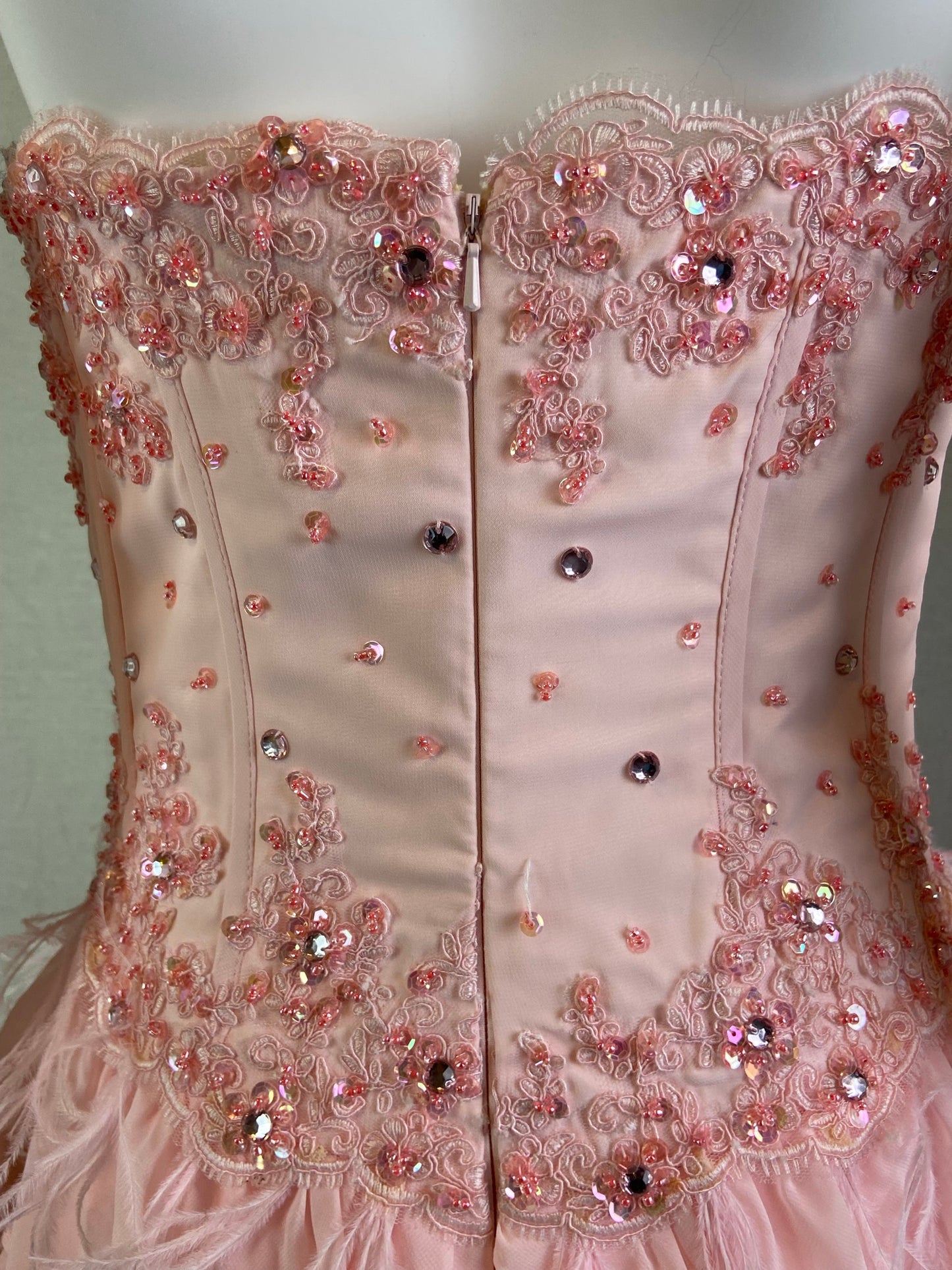 Pink Bustier Rhinestone Feather Boa Ruffle Gown
