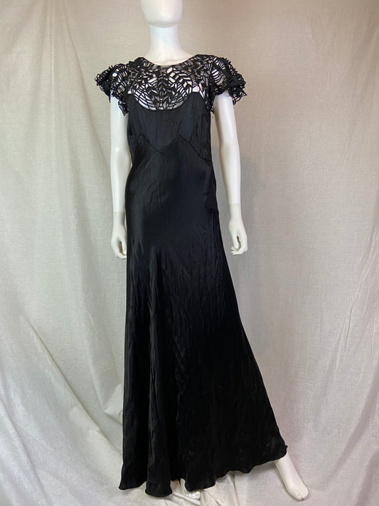 Antique Black Woven Lace Silk Bias Gown ABBY ESSIE STUDIOS