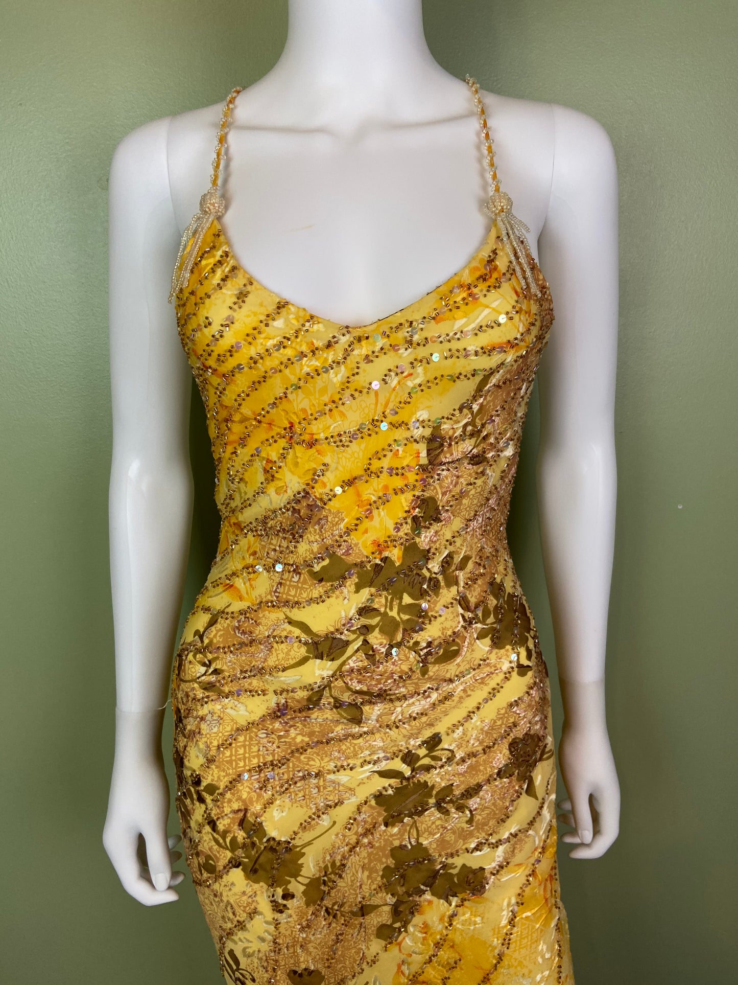 [SOLD] Ethereal Floral Festival Beaded Sequin Yellow Silk Maxi Dress