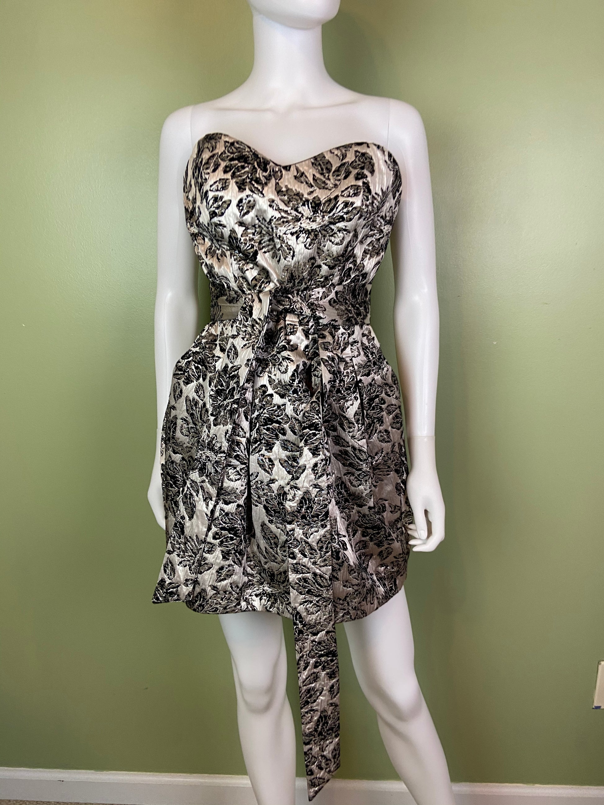 Silver Lame Black Floral Strapless Bustier Bubble Dress Abby Essie