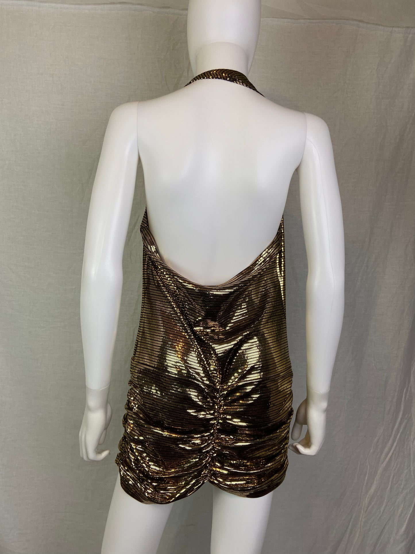 Vintage 80s Gold Lame Glitter Halter Ruche Cocktail Mini Dress