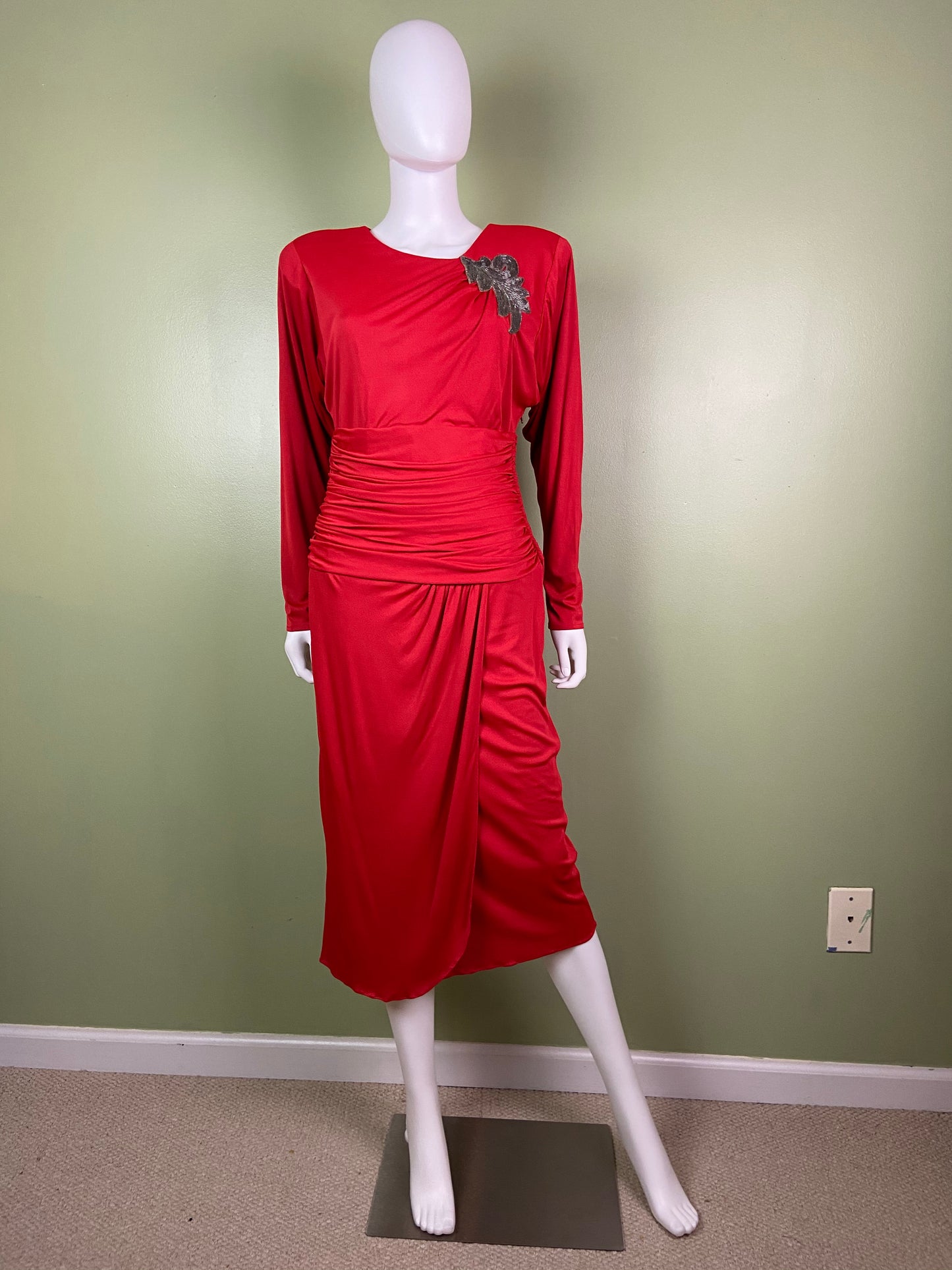 Vintage Bright Beaded Red Ruche Drape Dress Abby Essie