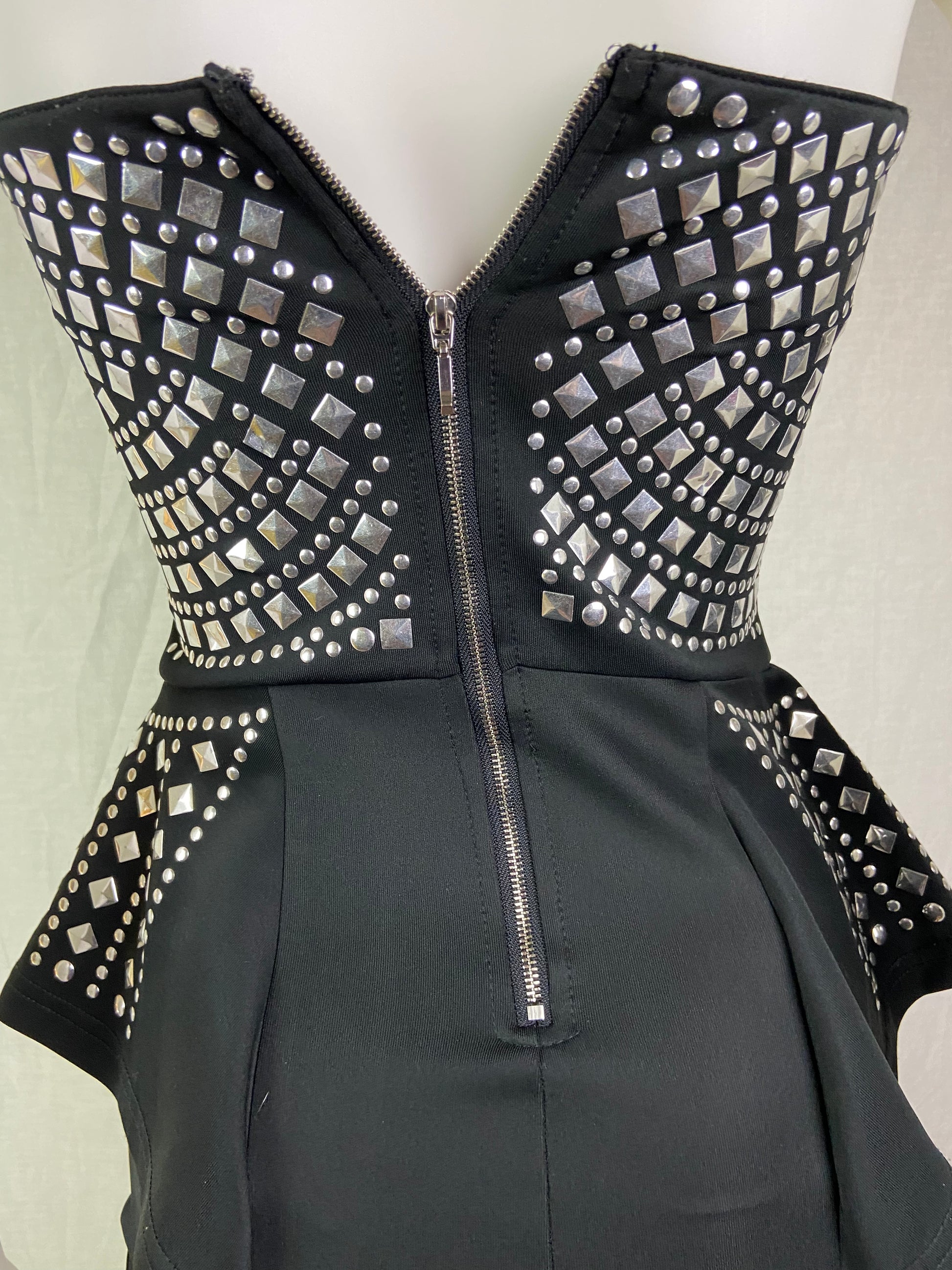 BEBE Black Silver Studded Peplum Cocktail Mjni Dress ABBY ESSIE STUDIOS