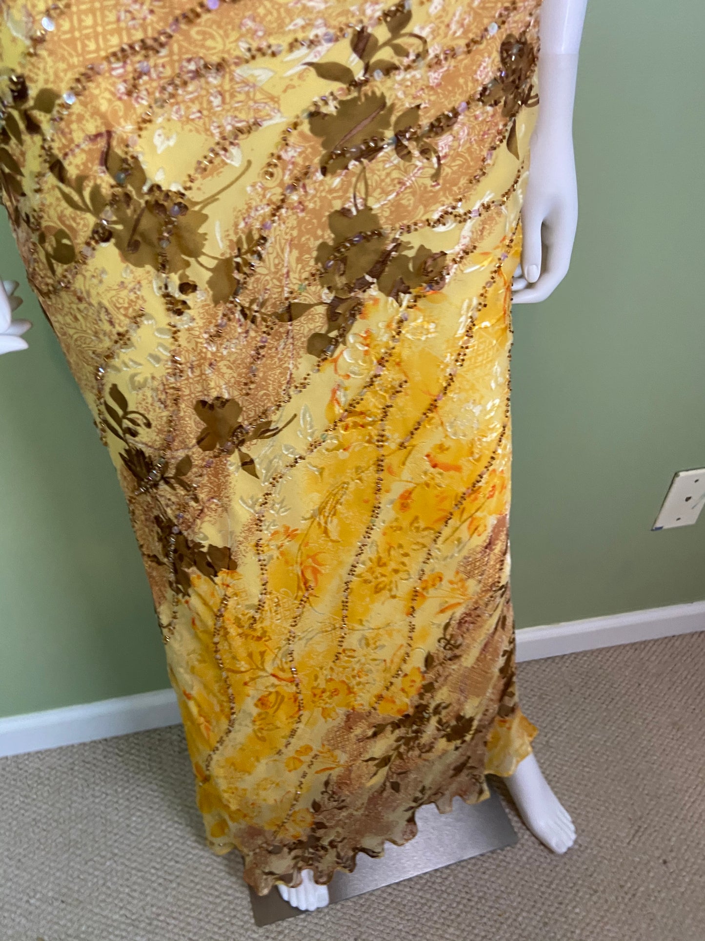 [SOLD] Ethereal Floral Festival Beaded Sequin Yellow Silk Maxi Dress