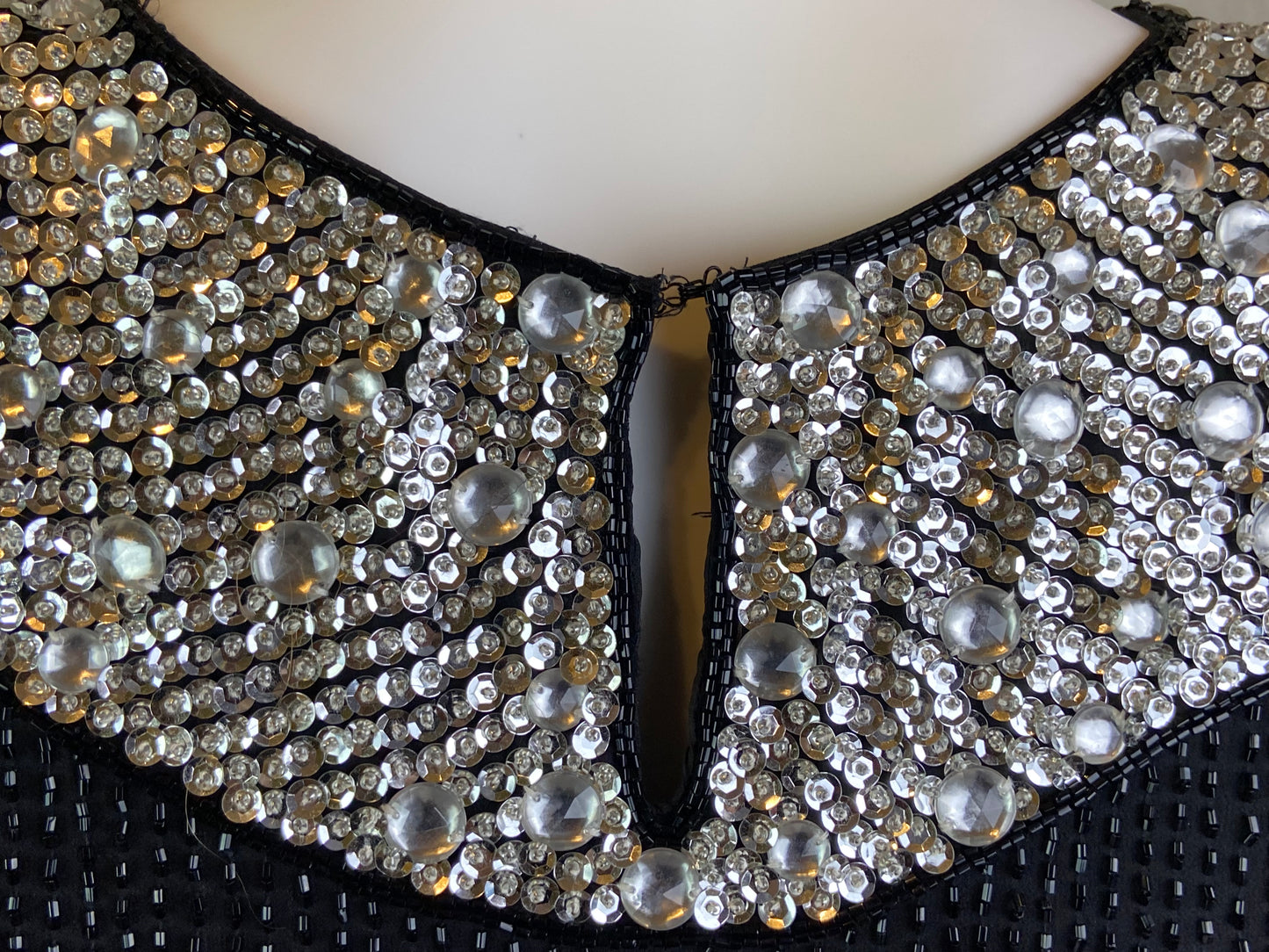 Oleg Cassini Black Silver Sequin Beaded Rhinestone Silk Top