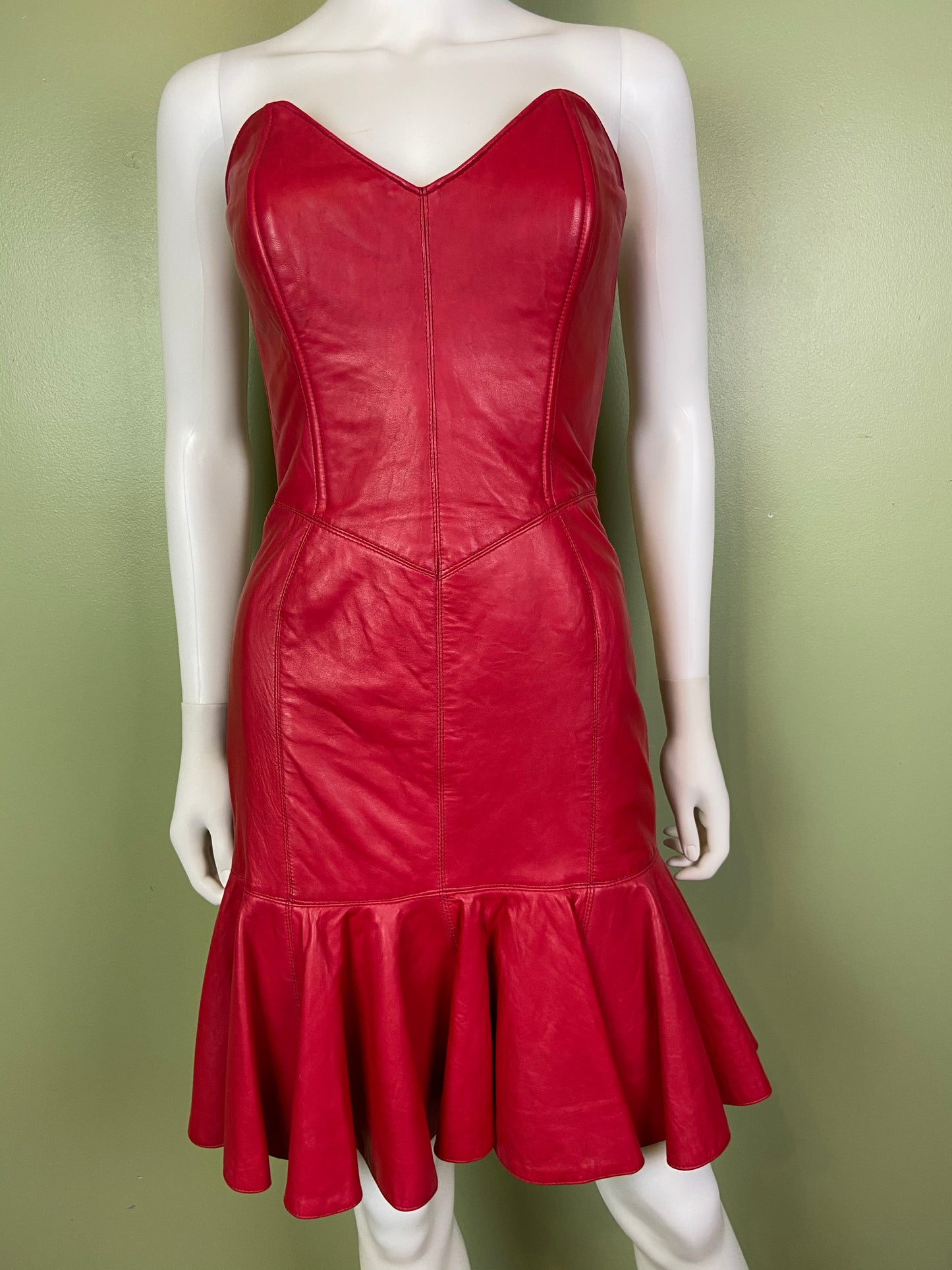 [SOLD] Vintage Michael Hoban Red Leather Bustier Ruffle Mini Dress