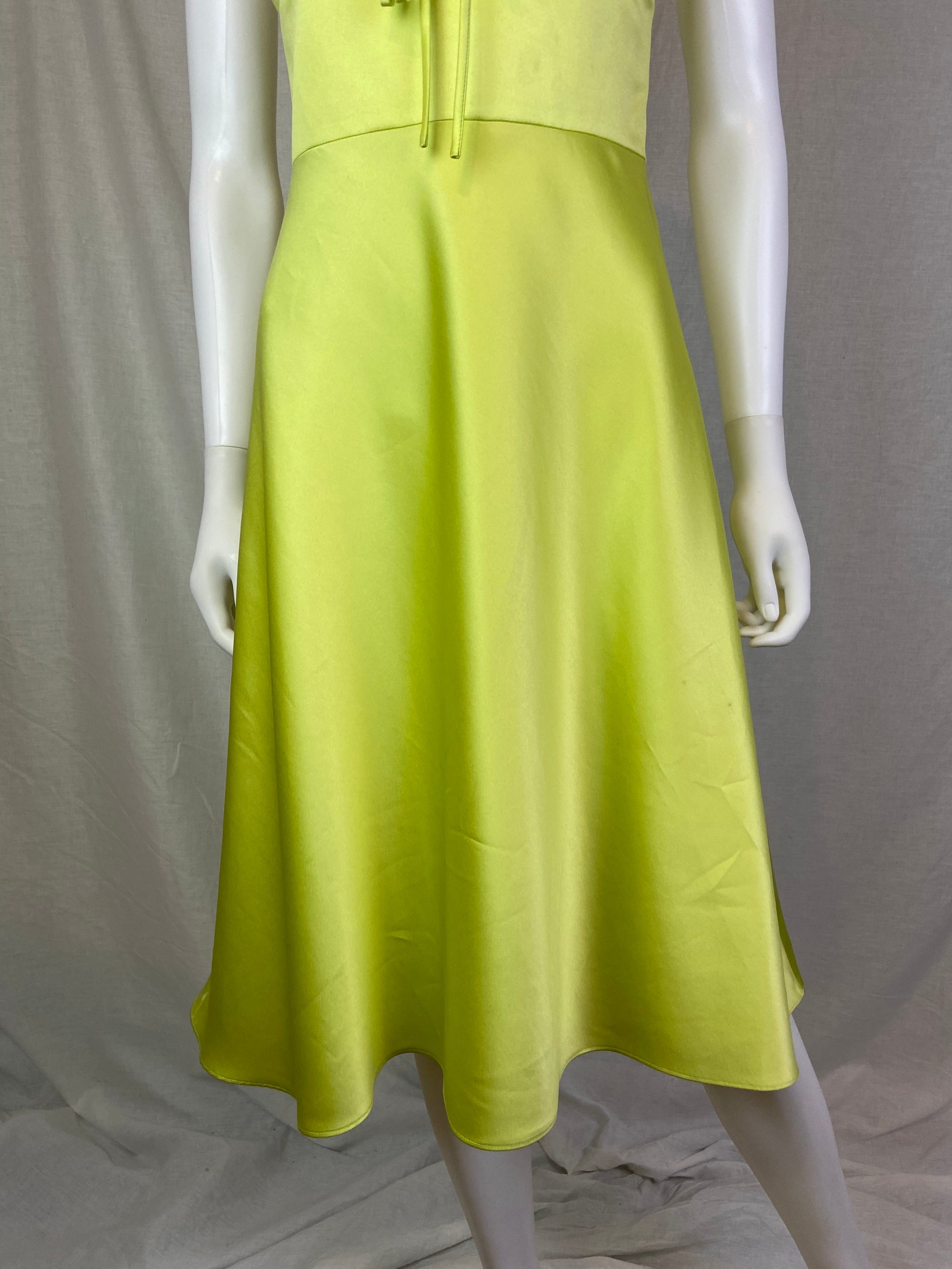 David Meister Lime Green Chartreuse Satin Plunge Dress ABBY ESSIE STUDIOS