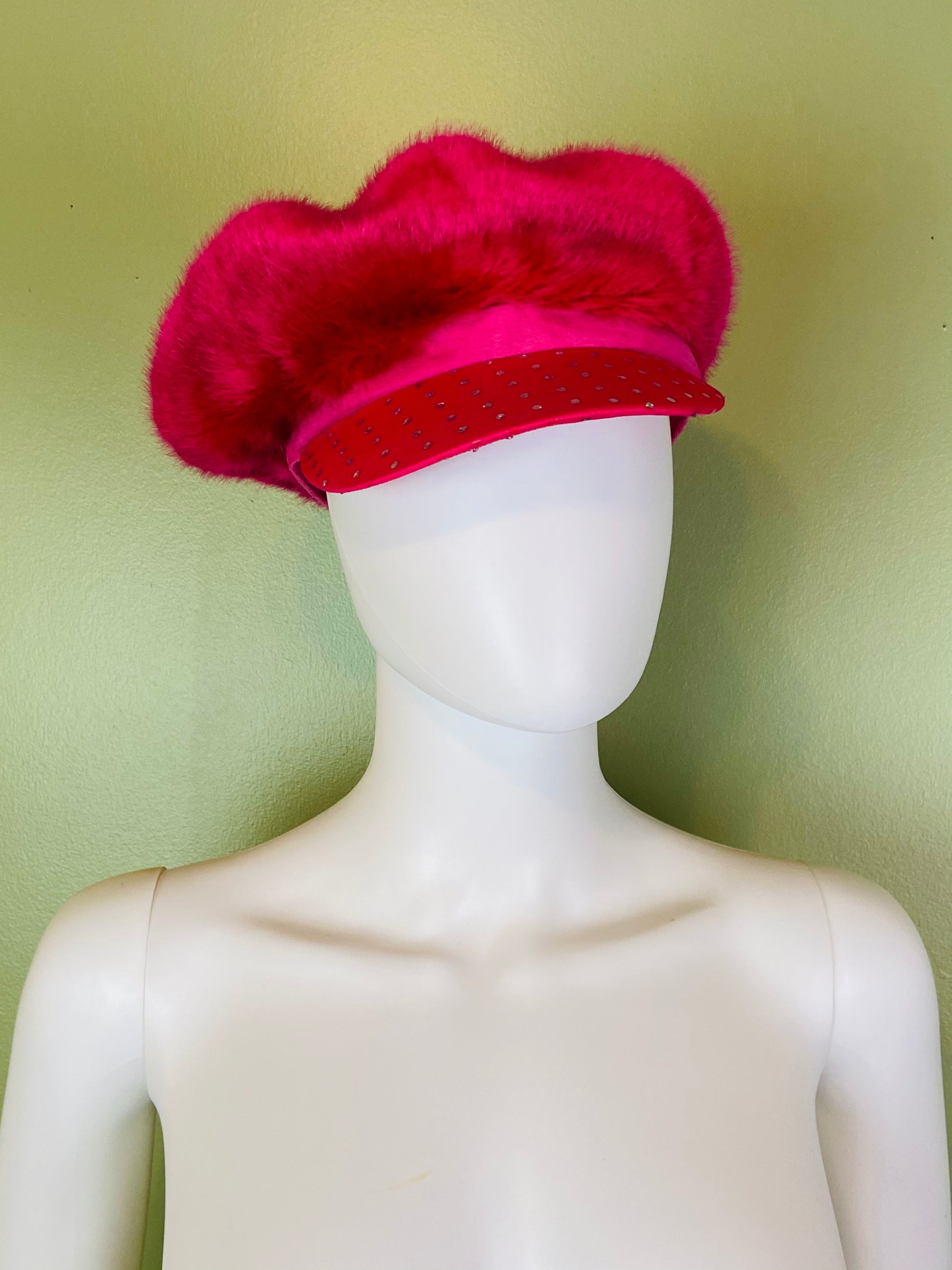 Hot Pink Faux Fur Bejeweled Rhinestone Cap Hat ABBY ESSIE Designer & Vintage