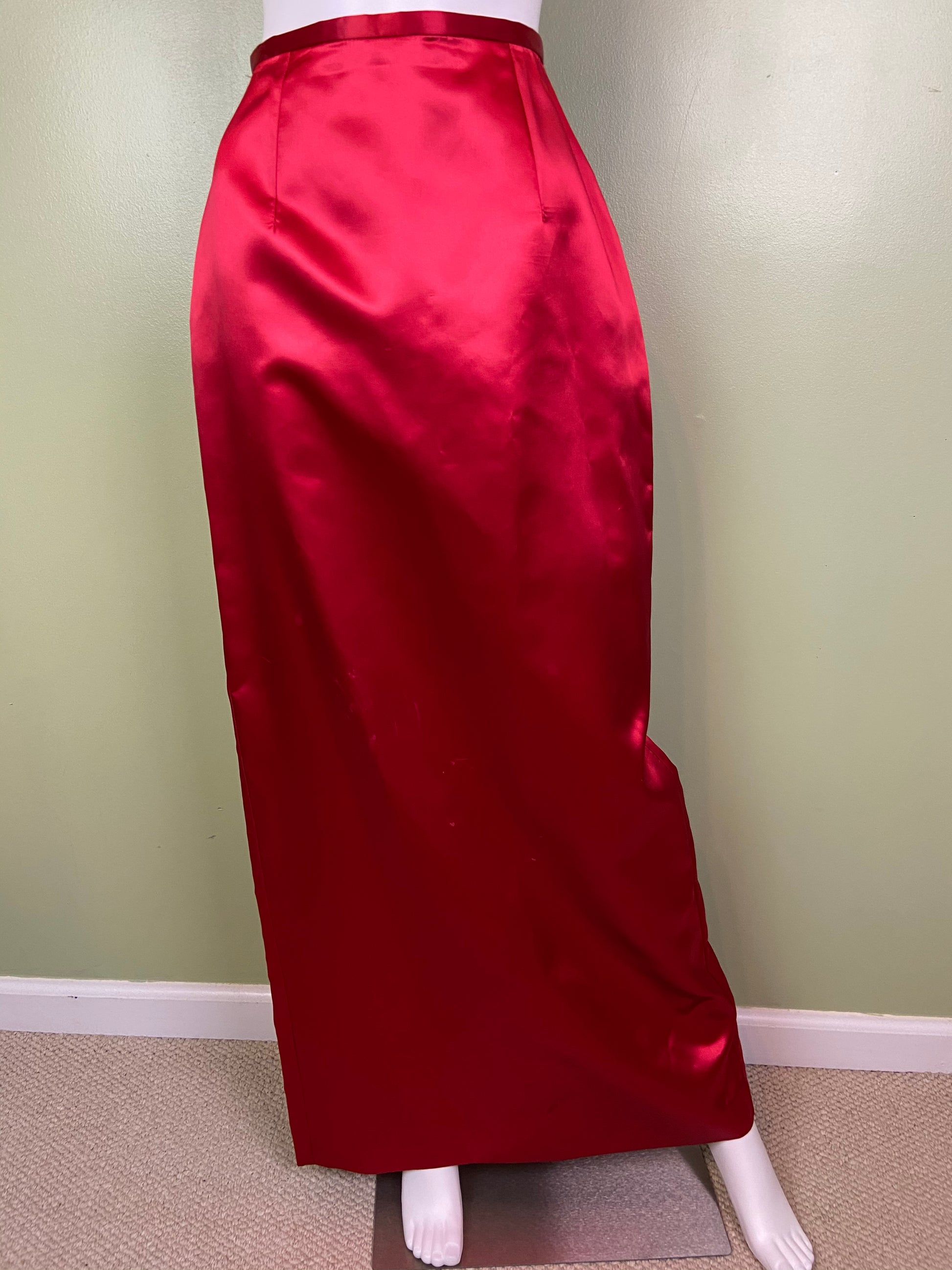 Long Red Satin Tuxedo Column Skirt ABBY ESSIE Designer & Vintage