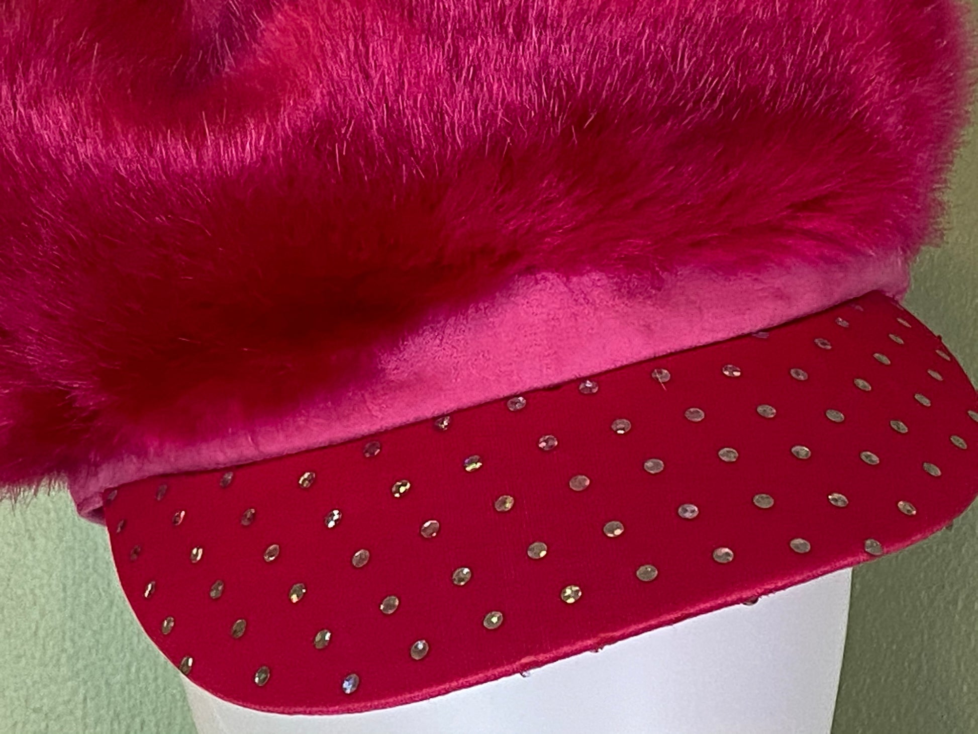 Hot Pink Faux Fur Bejeweled Rhinestone Cap Hat ABBY ESSIE Designer & Vintage