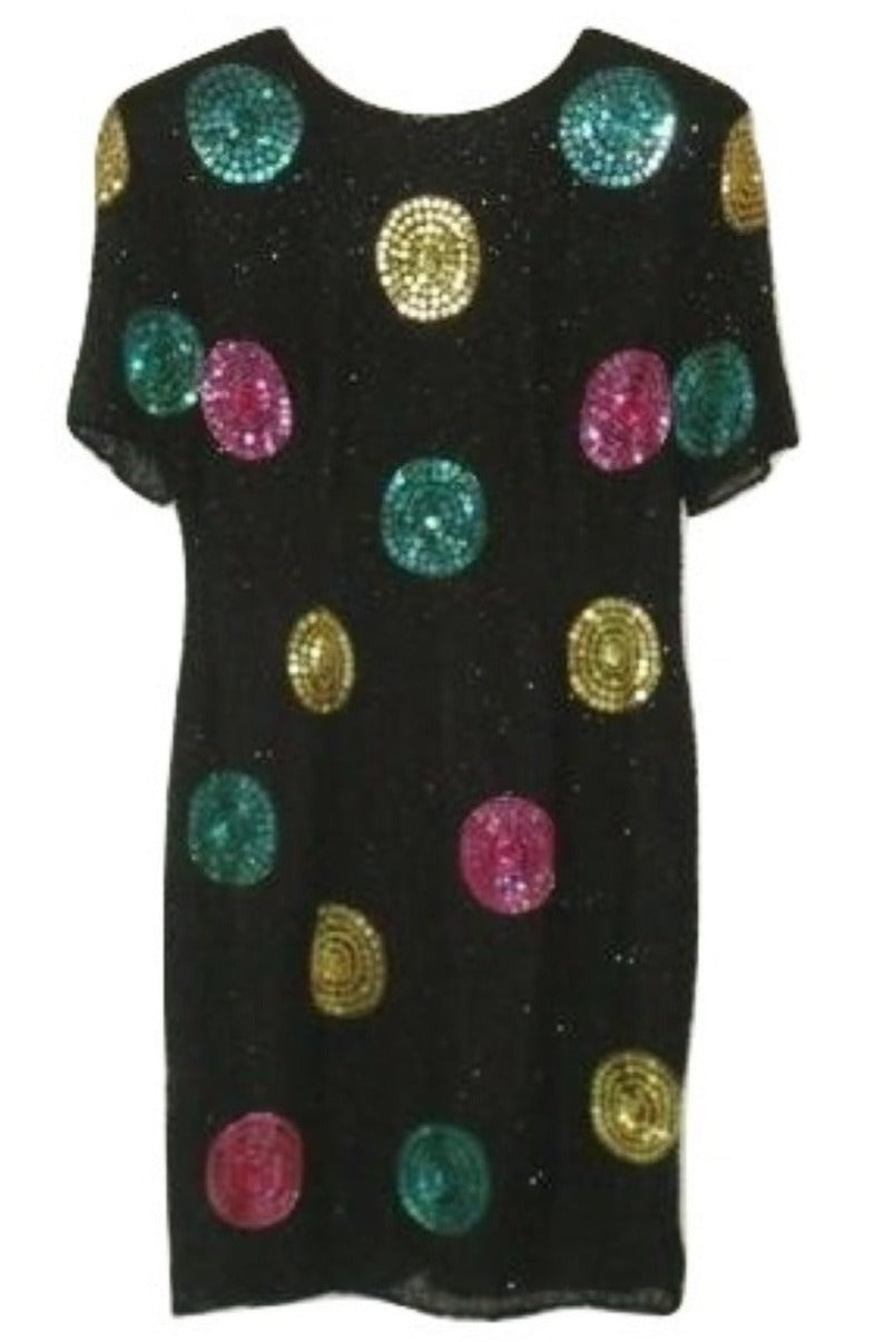 Vintage Eve's Allure Black Sequin Silk Trophy Deco Gatsby Dress Small
