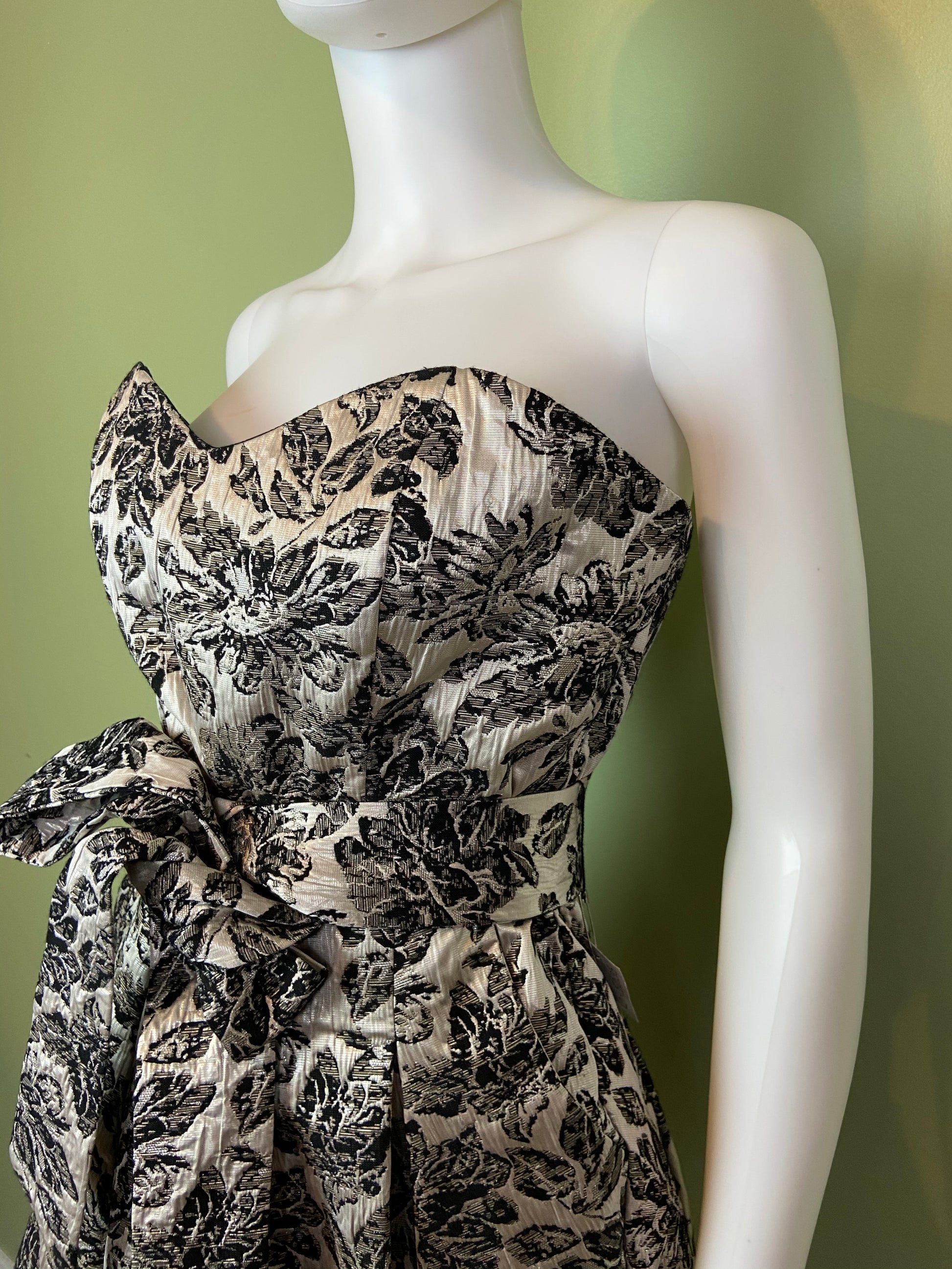 Silver Lame Black Floral Strapless Bustier Bubble Dress Abby Essie