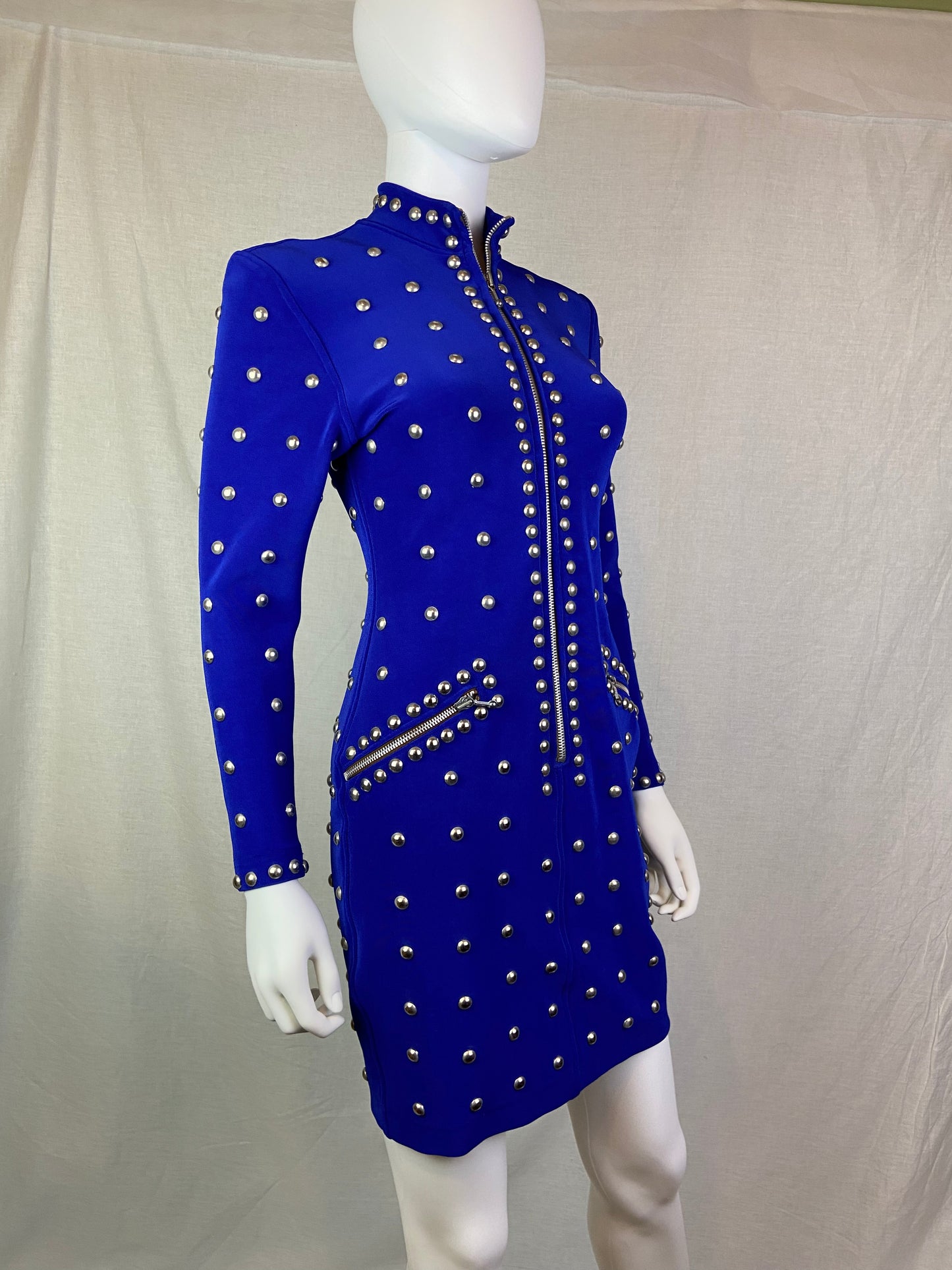 VINTAGE TADASHI ROYAL BLUE SILVER METAL STUDDED BODYCON DRESS ABBY ESSIE STUDIOS