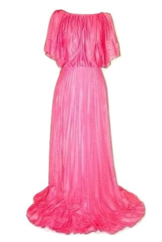 Vintage Pink Tie Shoulder Crepe Pleated Skirt Gown
