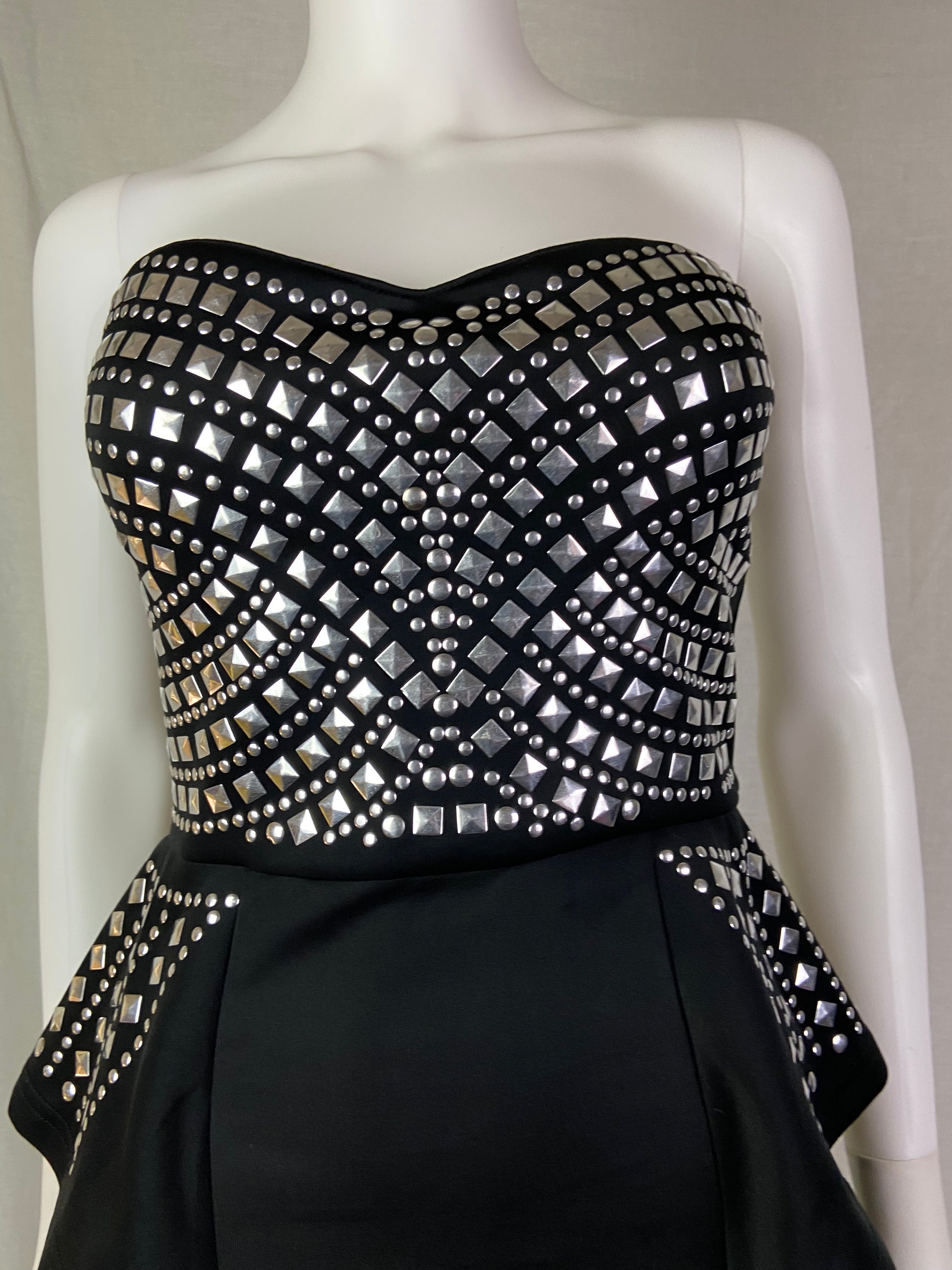 BEBE Black Silver Studded Peplum Cocktail Mjni Dress ABBY ESSIE STUDIOS