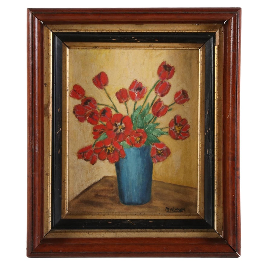 Red Flowers in Blue Vase Floral Oil Painting