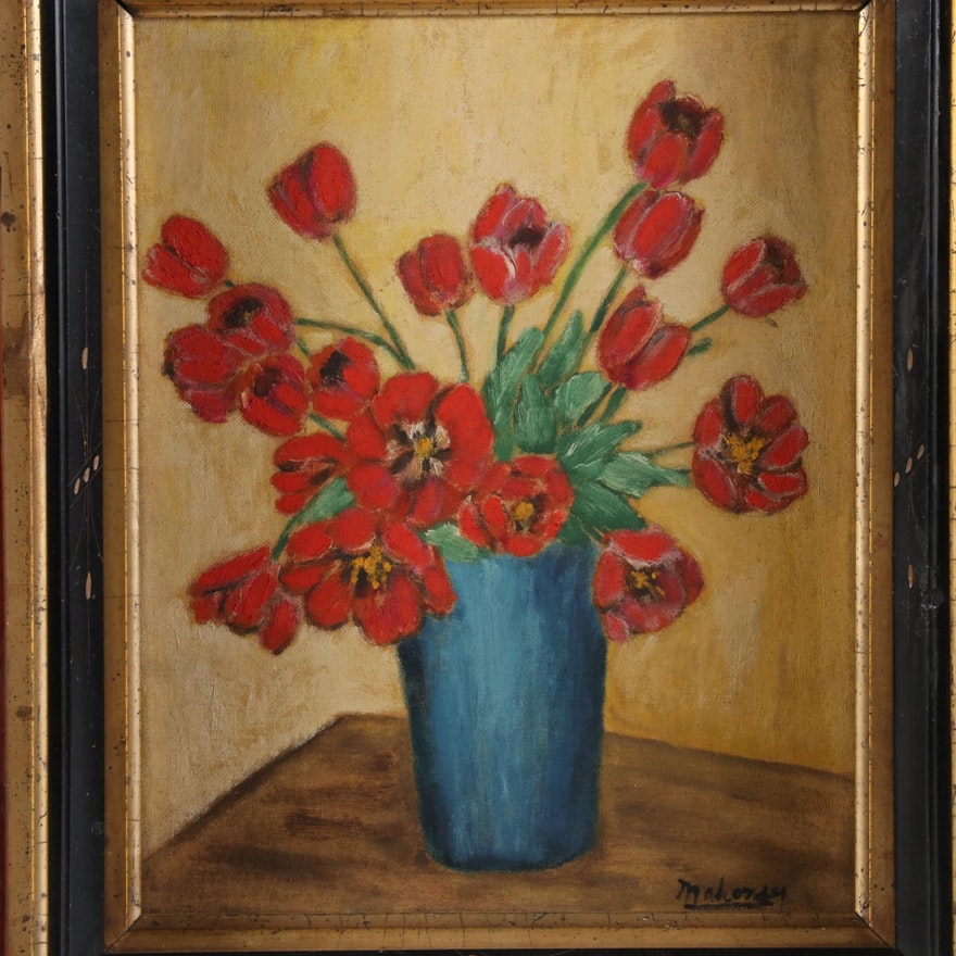 Red Flowers in Blue Vase Floral Oil Painting