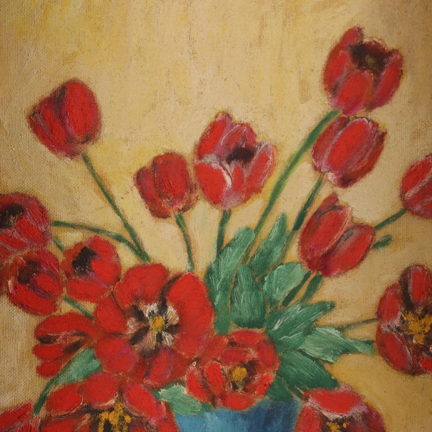 Red Flowers in Blue Vase Floral Oil Painting ABBY ESSIE STUDIOS