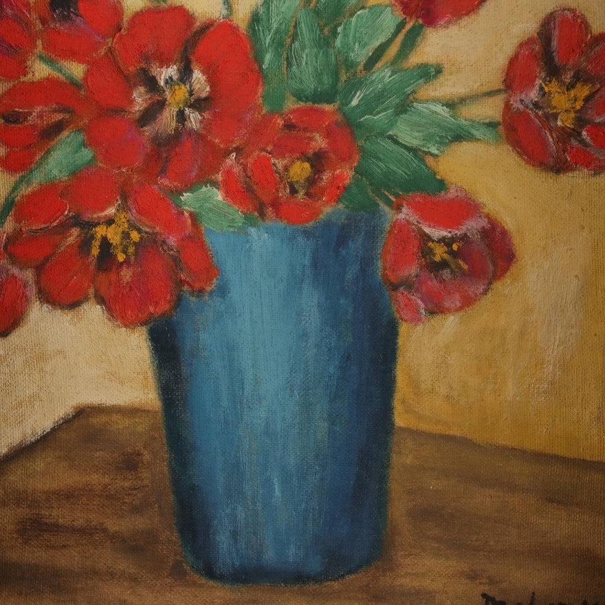 Red Flowers in Blue Vase Floral Oil Painting ABBY ESSIE STUDIOS