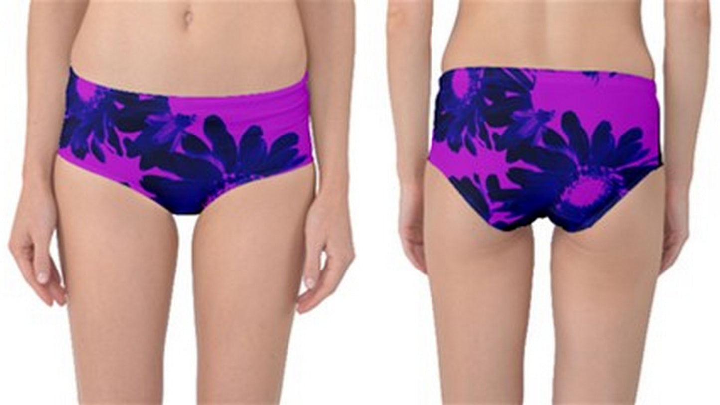 Suga Lane Floral Deviant Black Purple Mid Waist Bikini Swim Bottoms