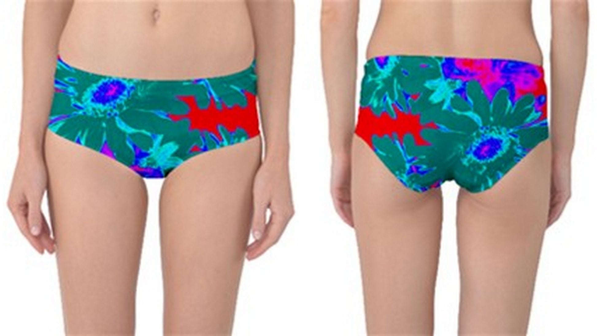 Suga Lane Floral Deviant Green Red Mid  Waist Bikini Swim Bottom ABBY ESSIE