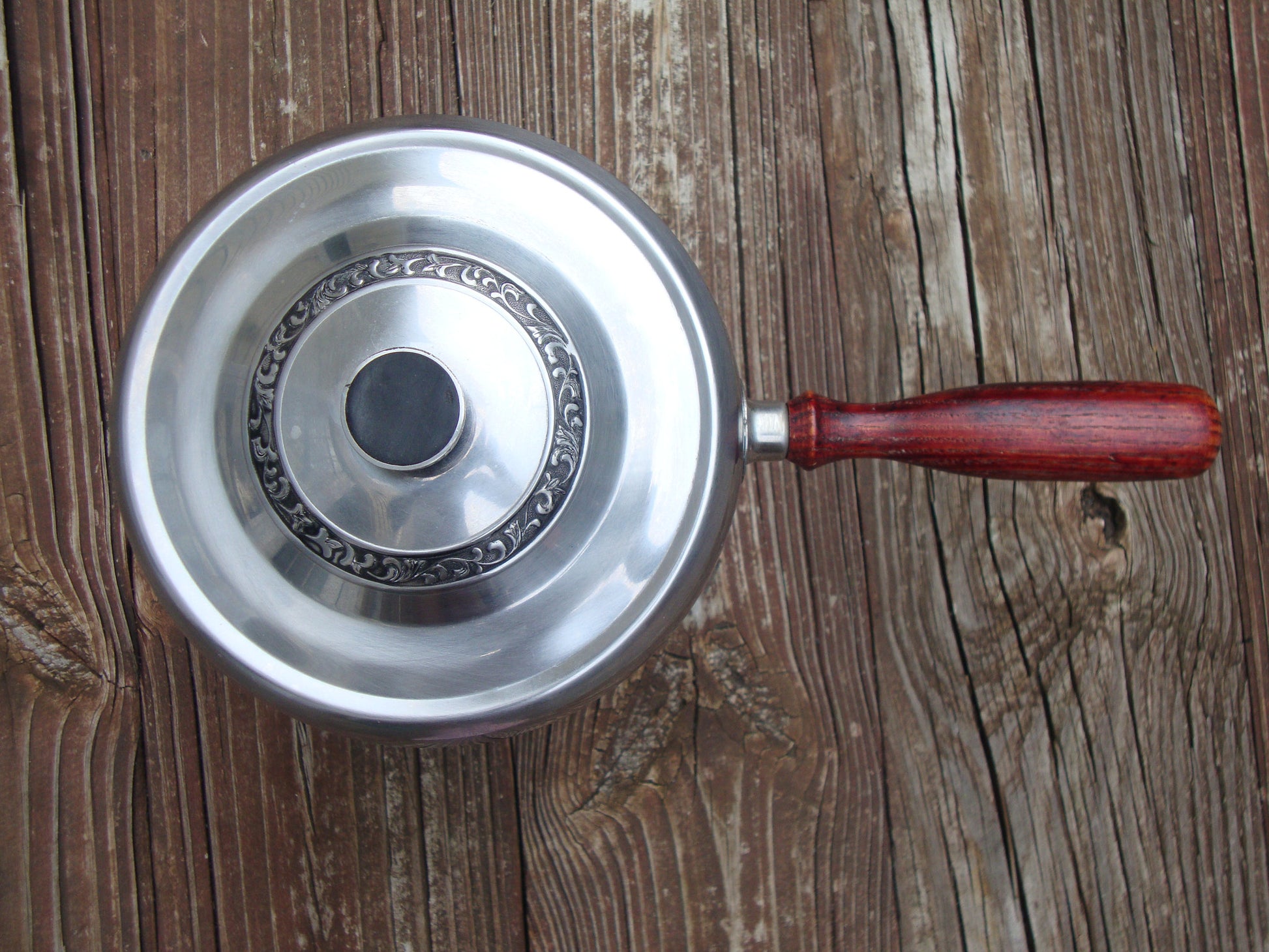 RARE VINTAGE 2 pc STAINLESS STEEL POT W/ GRECIAN DESIGN WOOD HANDLE BURNER Abby Essie