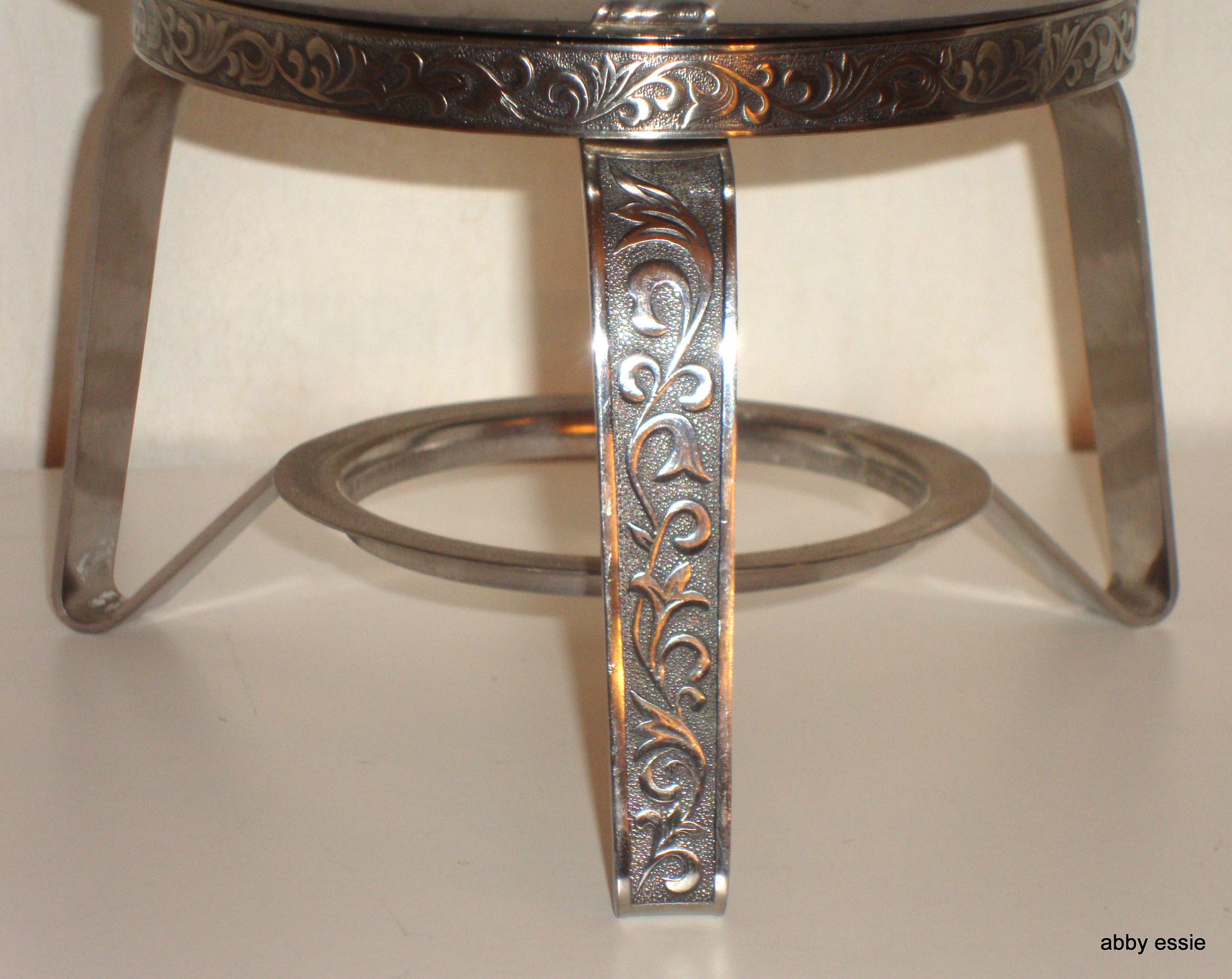 RARE VINTAGE 2 pc STAINLESS STEEL POT W/ GRECIAN DESIGN WOOD HANDLE BURNER Abby Essie