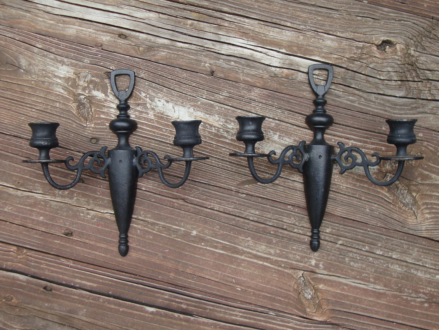 PAIR OF ANTIQUE ORNATE GOTH HEAVY CAST IRON MEDIEVAL CANDLE SCONCES vintage