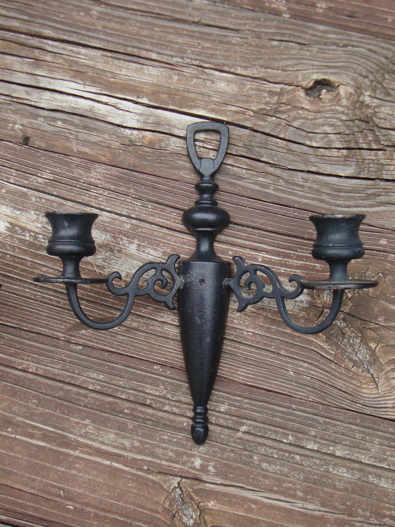 PAIR OF ANTIQUE ORNATE GOTH HEAVY CAST IRON MEDIEVAL CANDLE SCONCES vintage Abby Essie