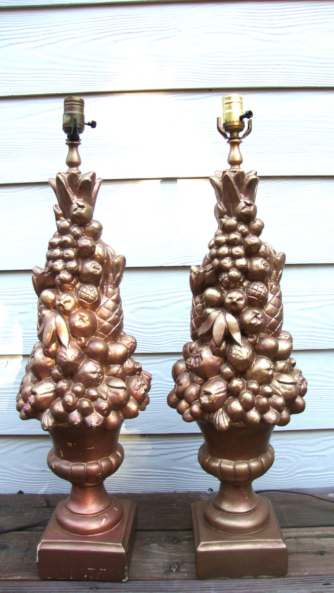 Monumental Hollywood Regency MONUMENTAL Art Deco GOLD FRUIT LAMPS - Pair of 2 Abby Essie