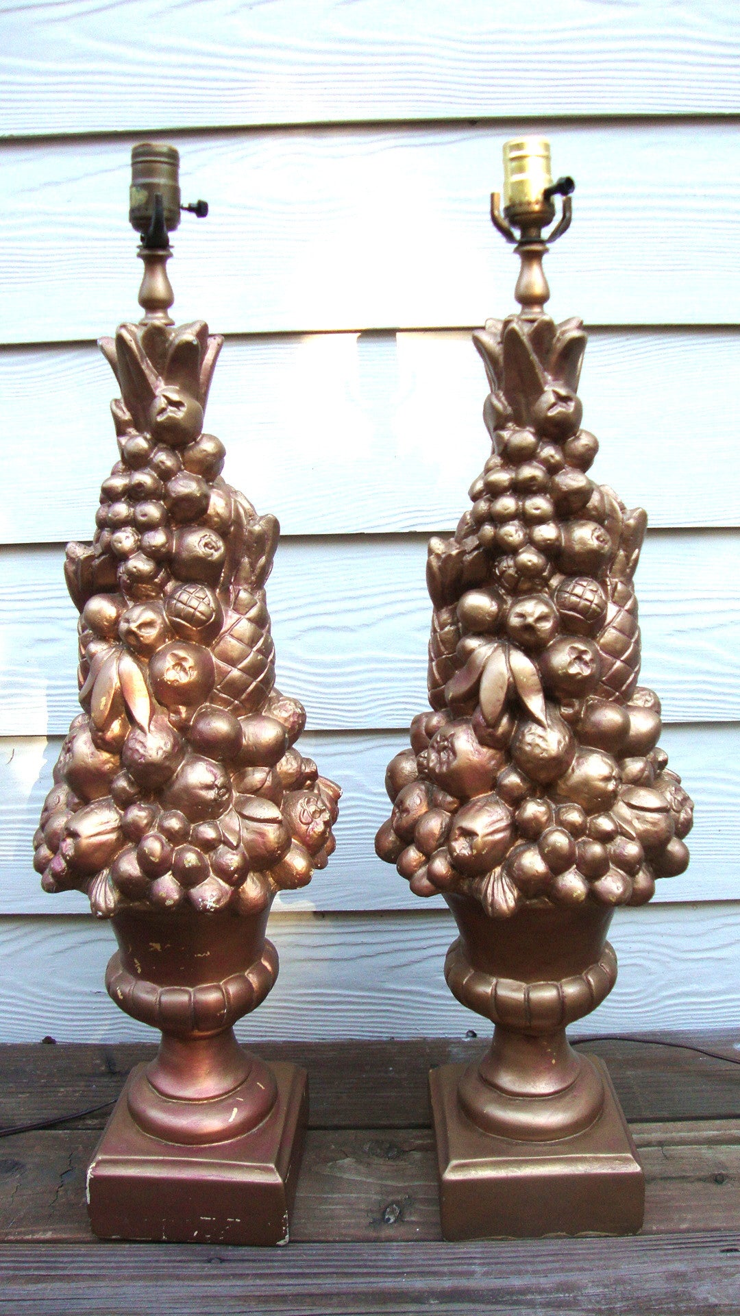 Monumental Hollywood Regency MONUMENTAL Art Deco GOLD FRUIT LAMPS - Pair of 2 Abby Essie